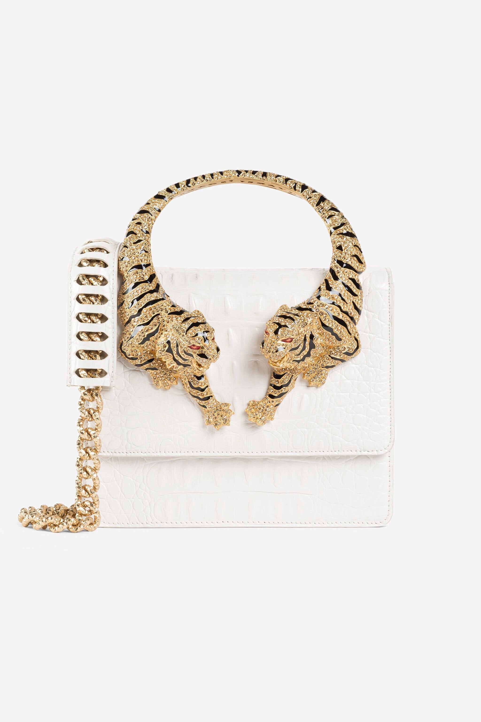 ROBERTO CAVALLI Tiger Handle Bag – White Gold 🐅✨ | Statement Luxury Piece