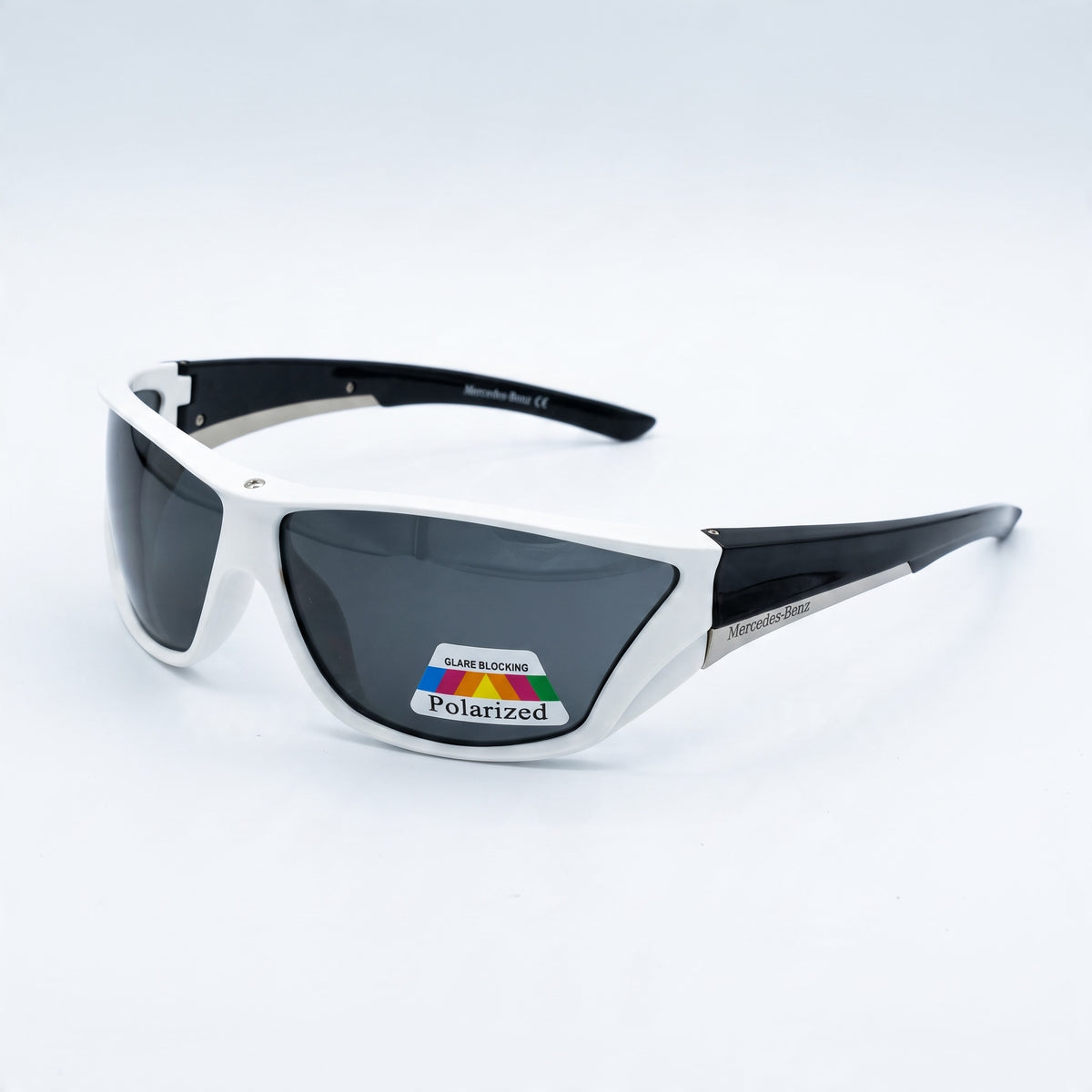 White Mercedes-Benz wrap sunglasses with dark polarized lenses and logo on temple