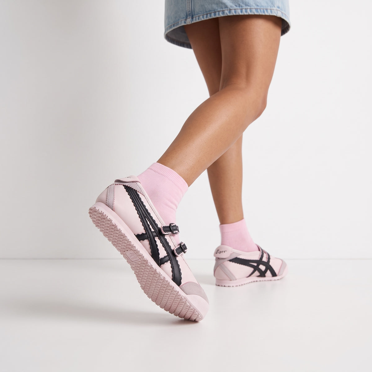 Onitsuka Tiger pink Mary Jane sneakers with black stripe straps