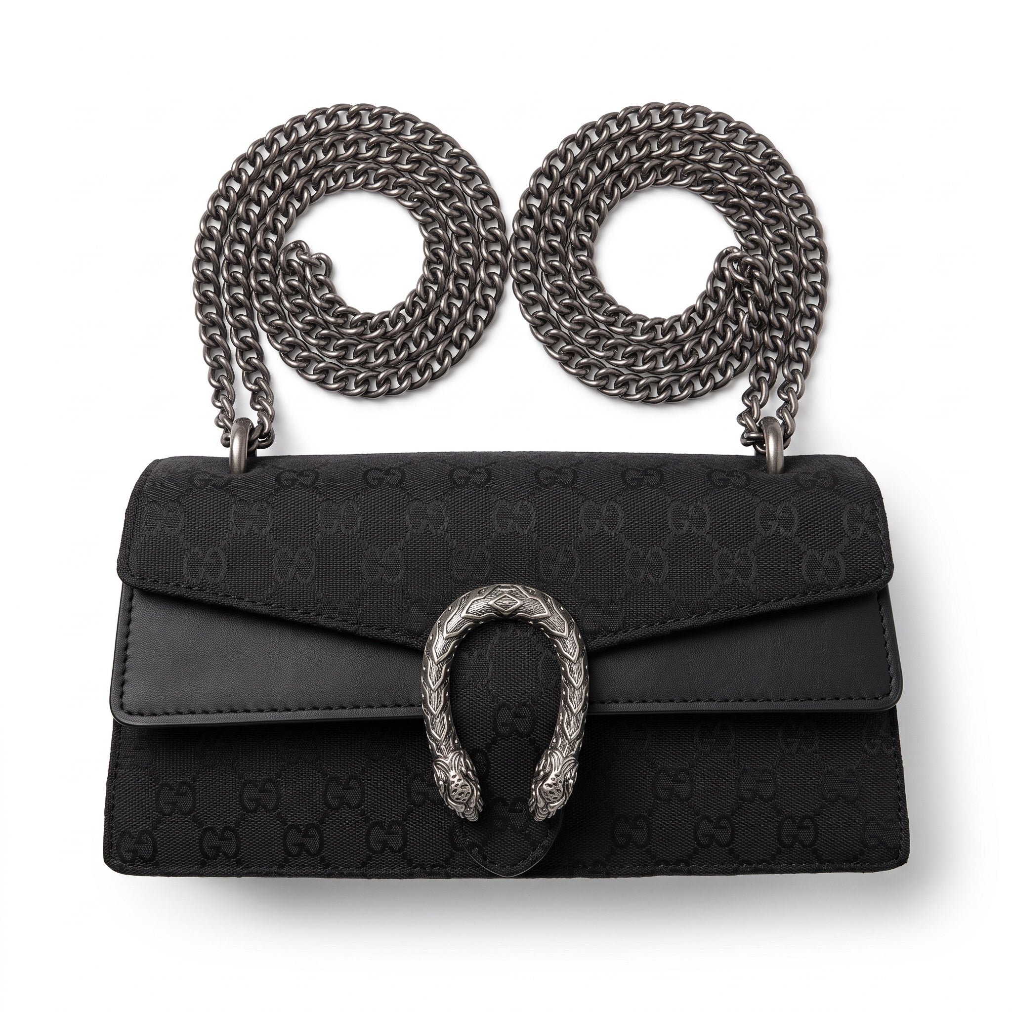 Gucci Dionysus black GG canvas mini flap bag with double tiger-head hardware and chain strap