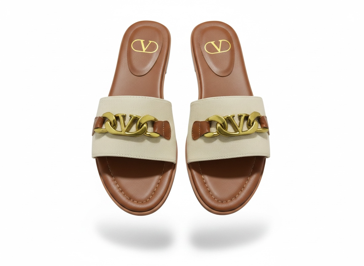 Valentino VLogo Slide Sandals 🤎✨ Gold Chain Edition