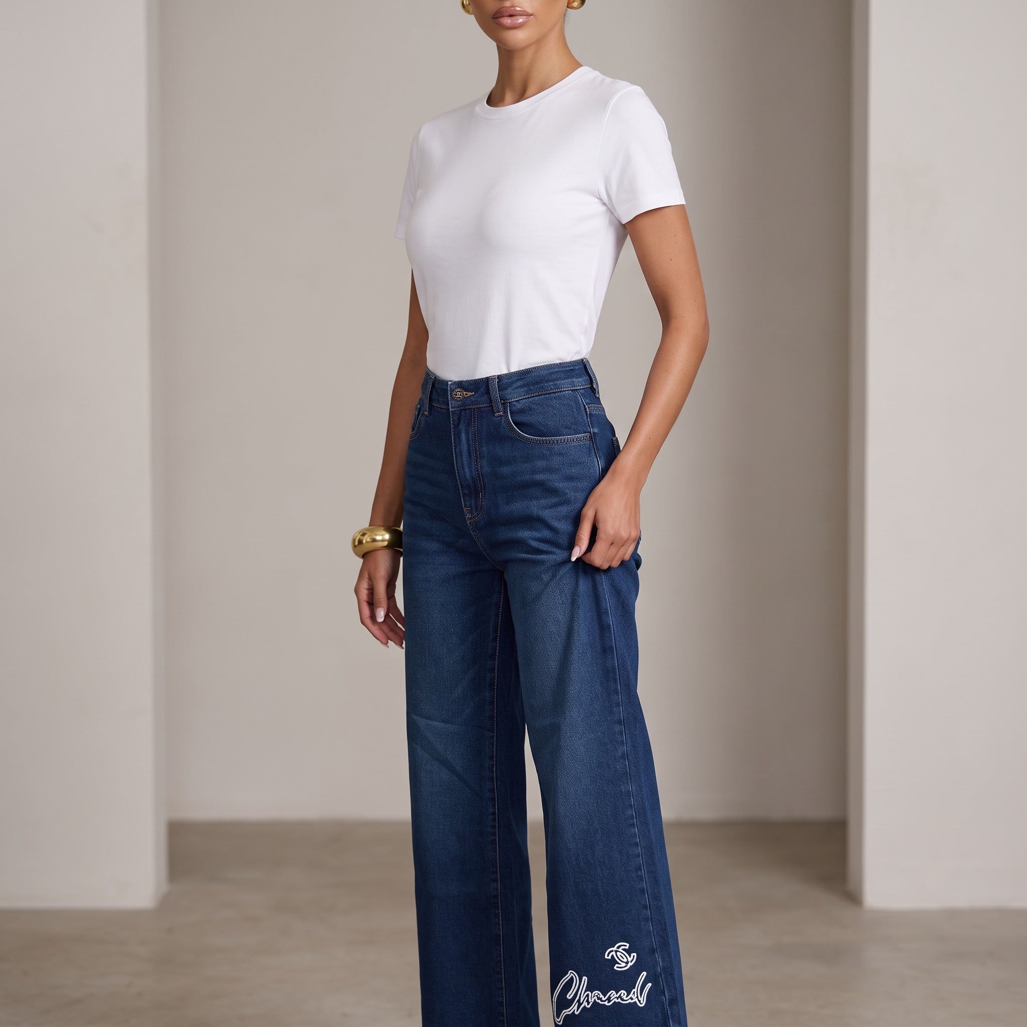 white fitted crew neck t-shirt on model