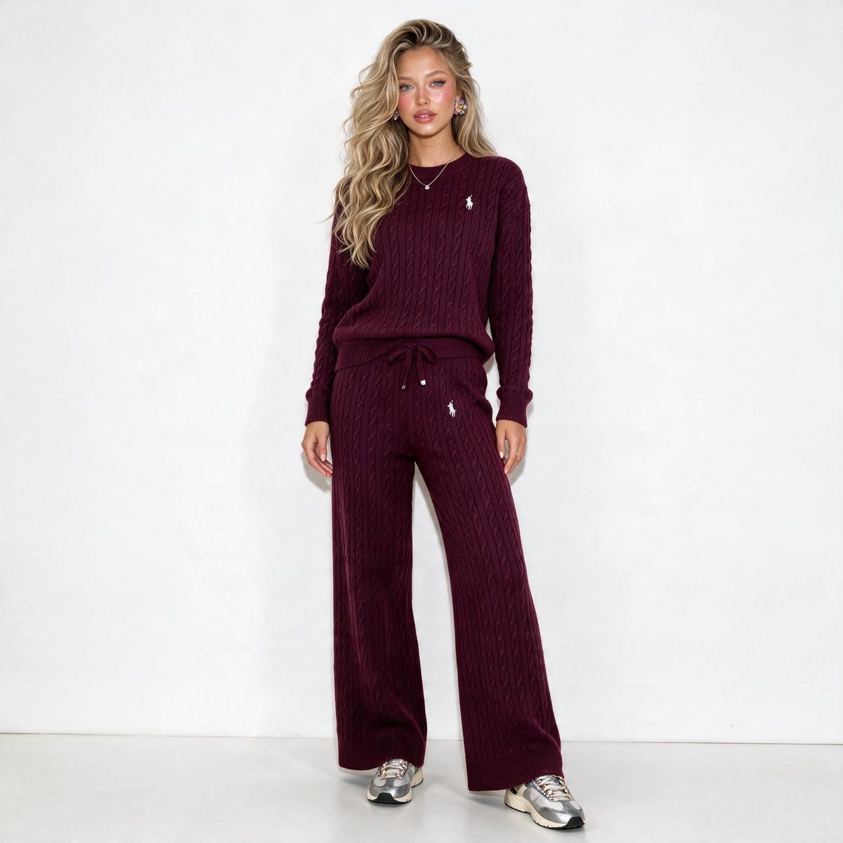 Ralph Lauren burgundy cable knit sweater and matching drawstring trousers with embroidered pony logo