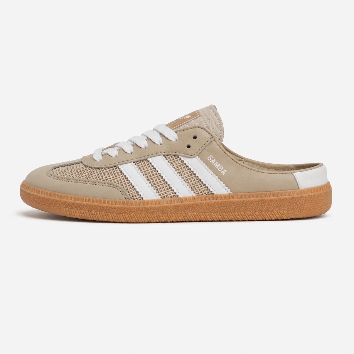 Adidas Samba Mule backless sneaker in sand beige with white stripes and gum sole