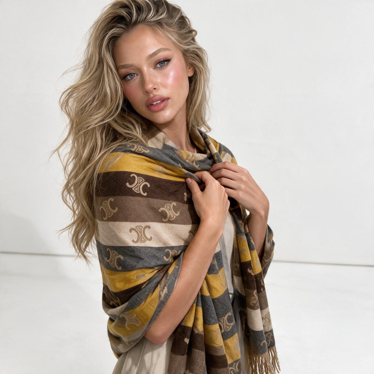 camel coloured scarf with repeating Triomphe monogram motif and fringed ends wrapped around model