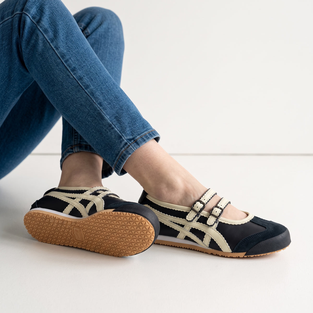 Onitsuka Tiger navy and cream Mary Jane sneakers with triple buckles and gum sole