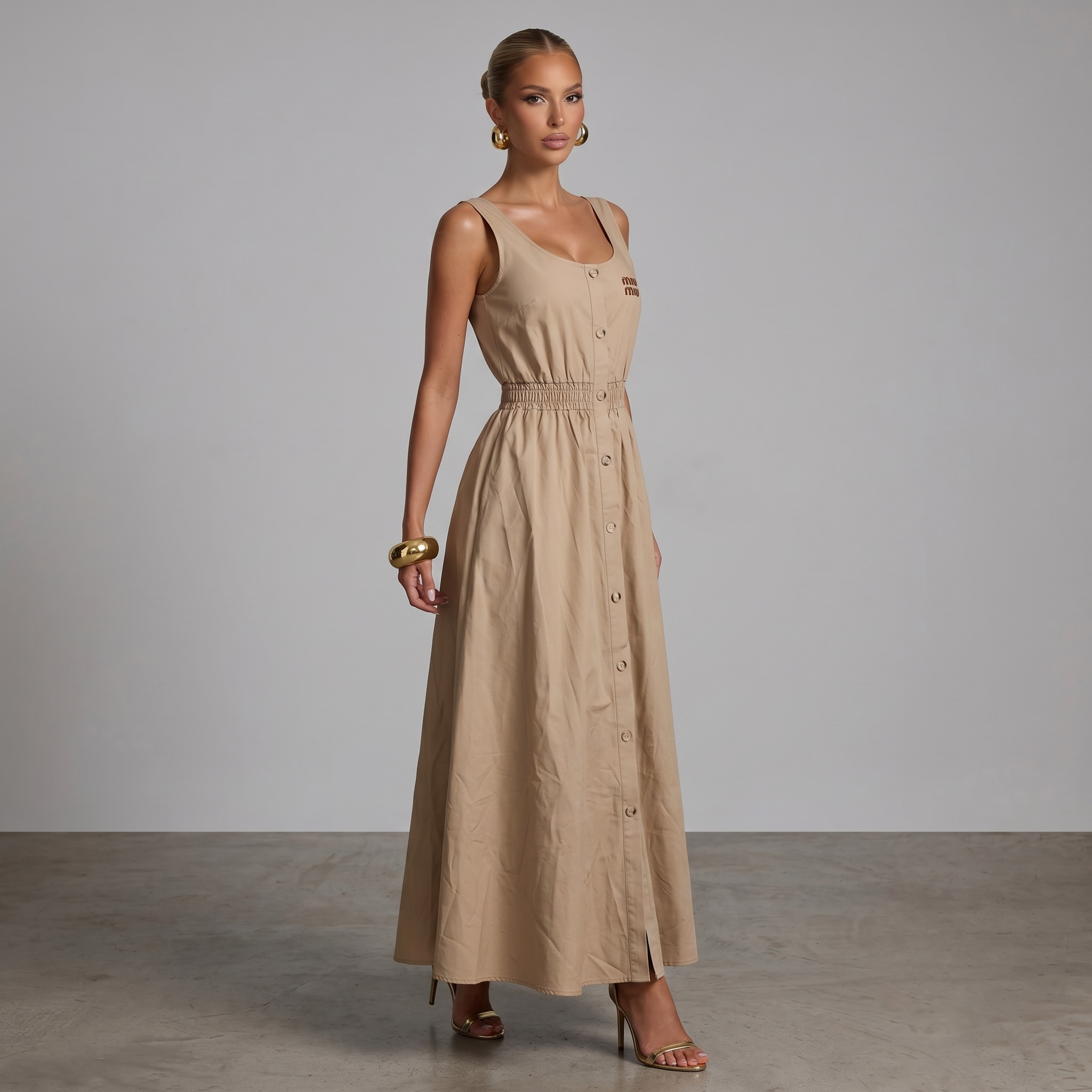 🤎 Miu Miu Sleeveless Cotton Midi Dress – Sand Beige ✨