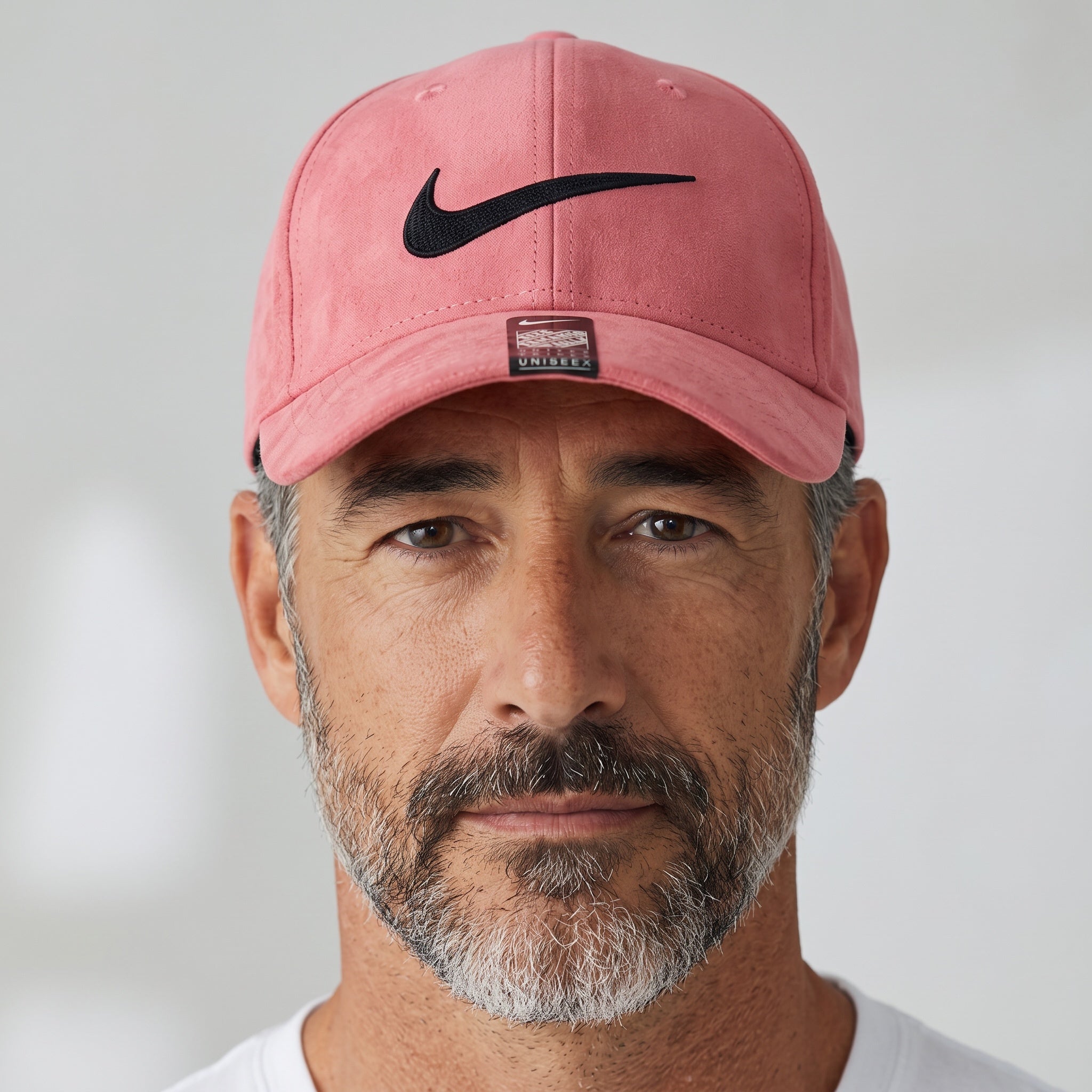 Man wearing a pink Nike baseball cap with embroidered black swoosh logo
