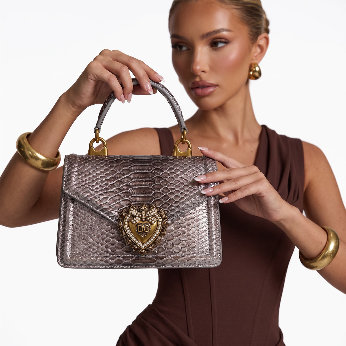 Dolce & Gabbana metallic taupe Devotion top-handle bag with DG heart medallion