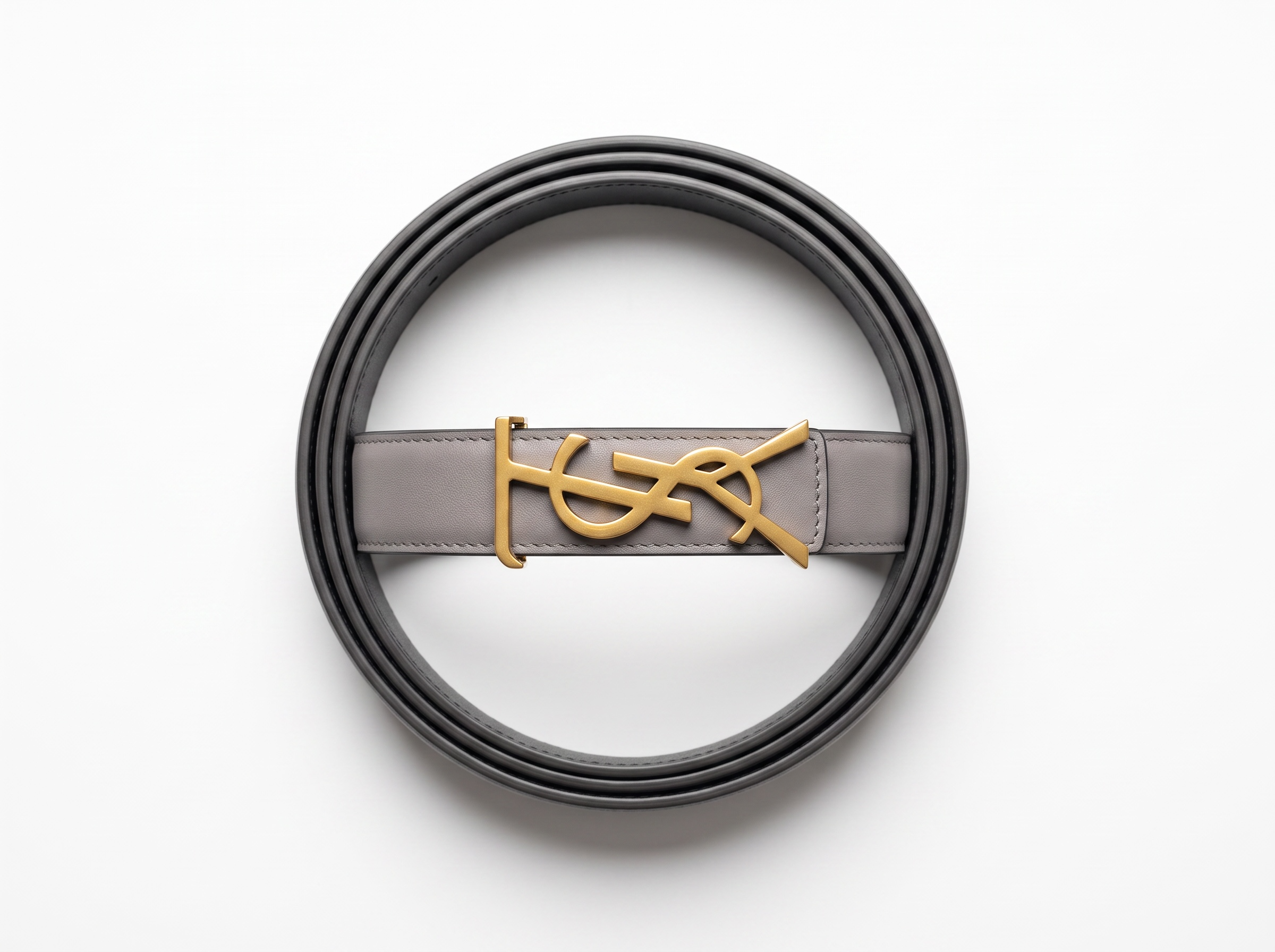 ✨ Yves Saint Laurent Grey Leather Belt with Gold Logo Buckle 110 cm