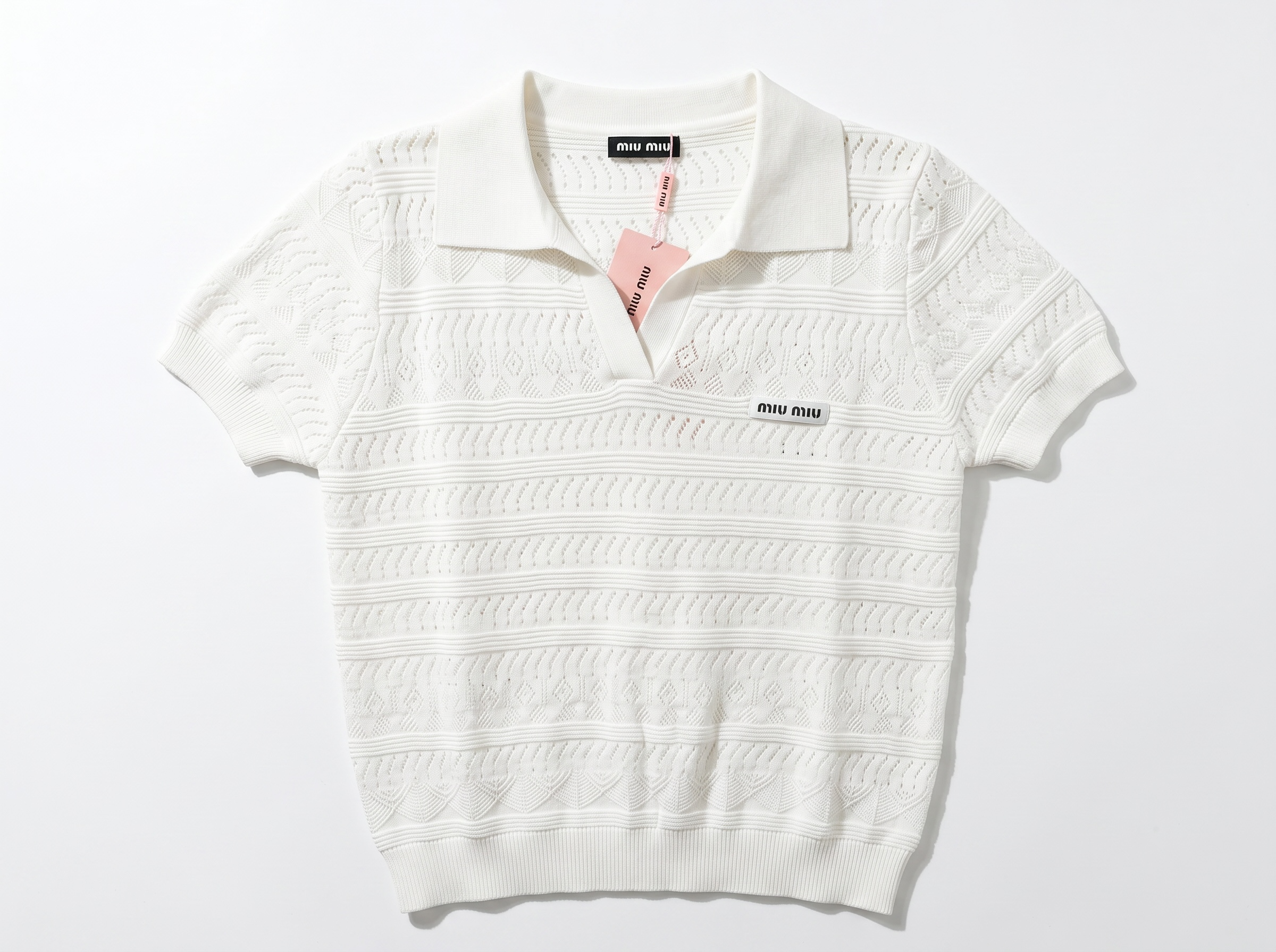 โจ Miu Miu Openwork Knit Polo Top โ White (one size)