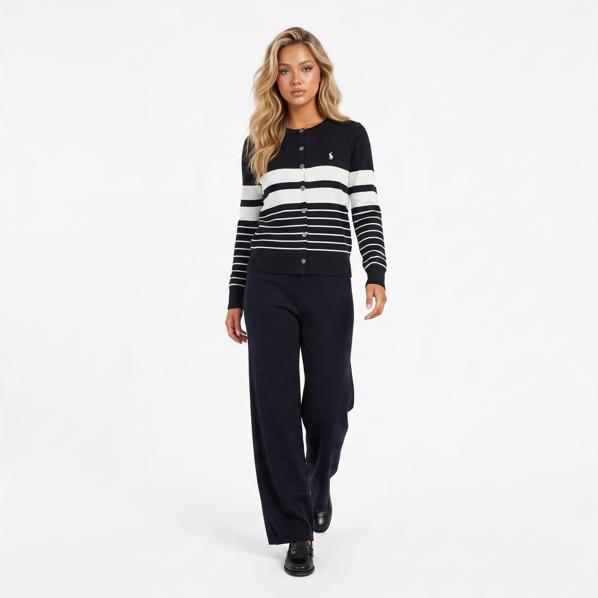 Polo Ralph Lauren navy and white striped button-up cardigan with embroidered pony logo