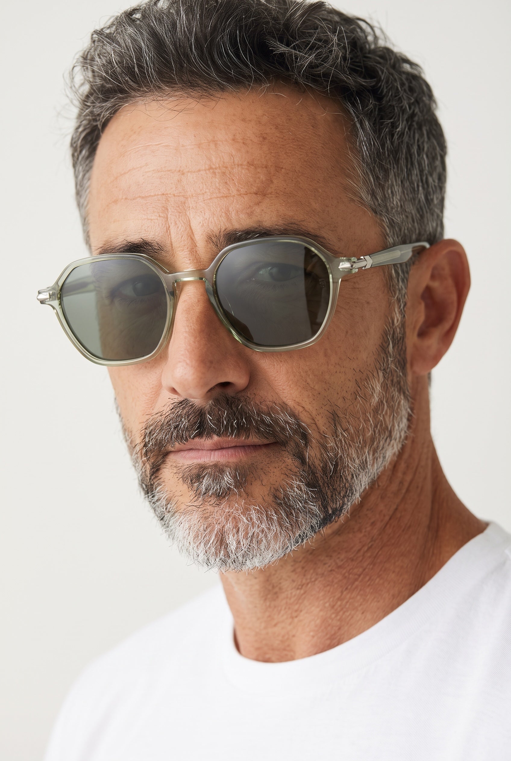 Men's Persol-style transparent green hex sunglasses with grey lenses