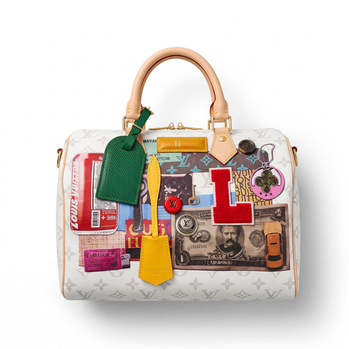 Louis Vuitton multicolor patchwork top-handle bag with gold hardware and monogram print