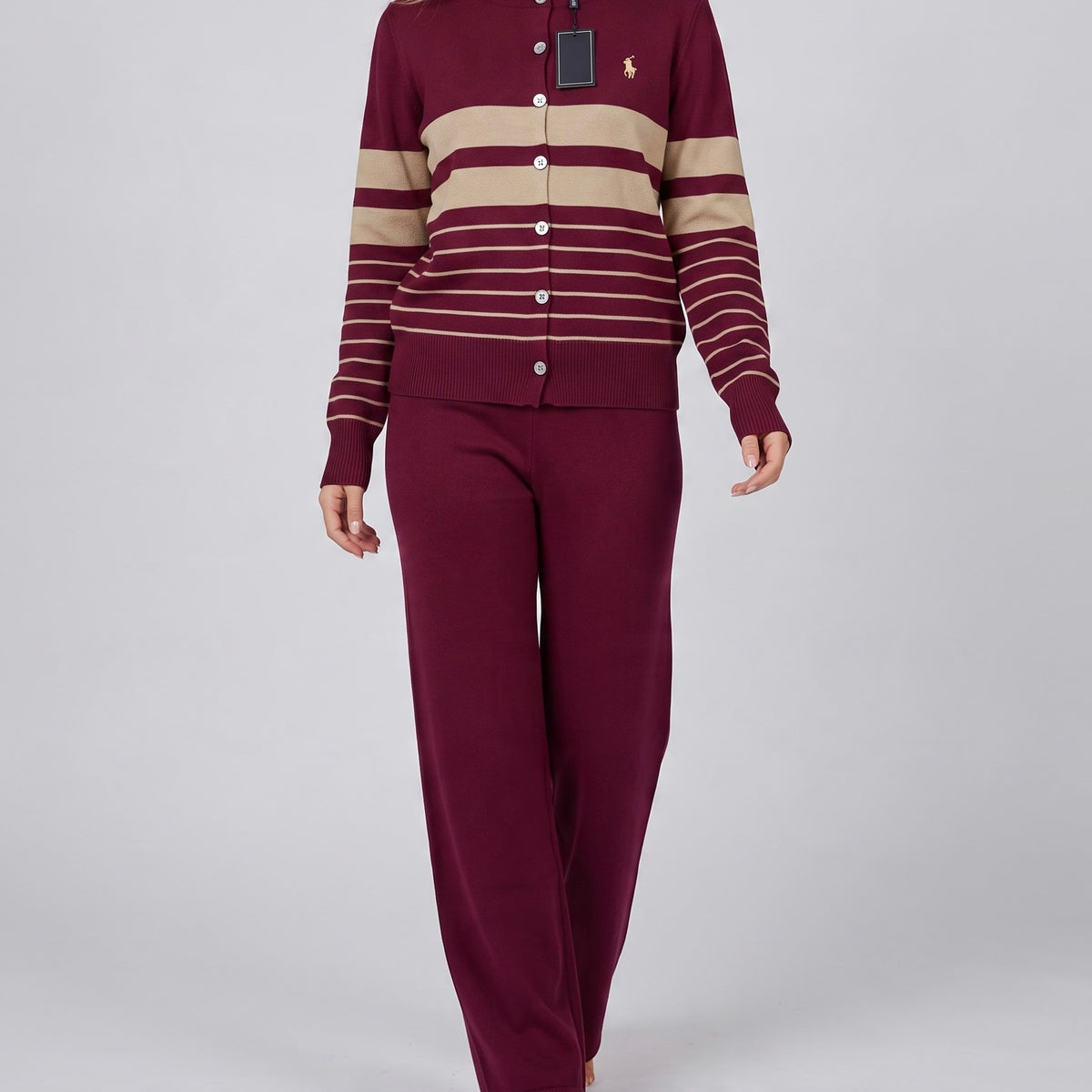 Burgundy and beige striped Ralph Lauren button cardigan with gold pony logo