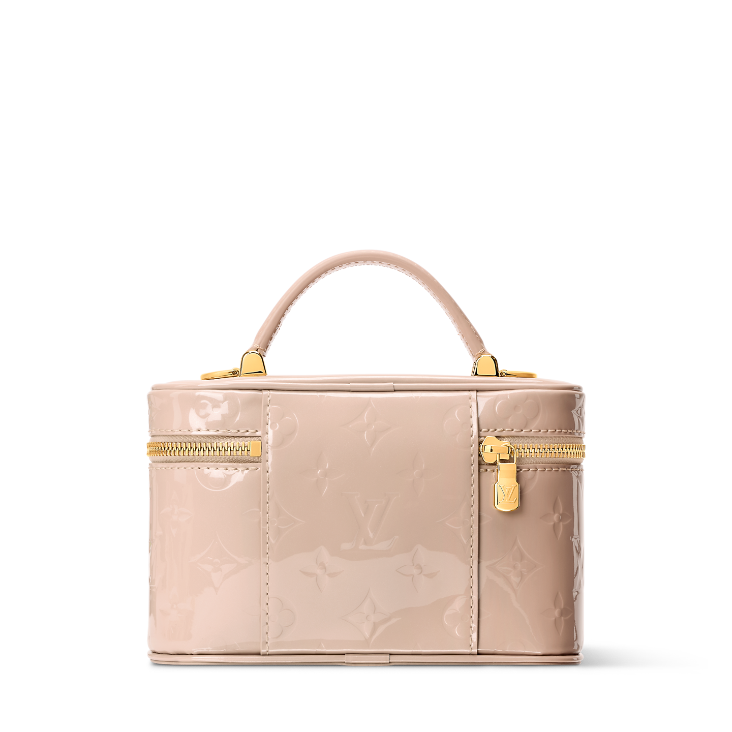 Louis Vuitton pale pink patent monogram vanity bag with top handle and gold lock