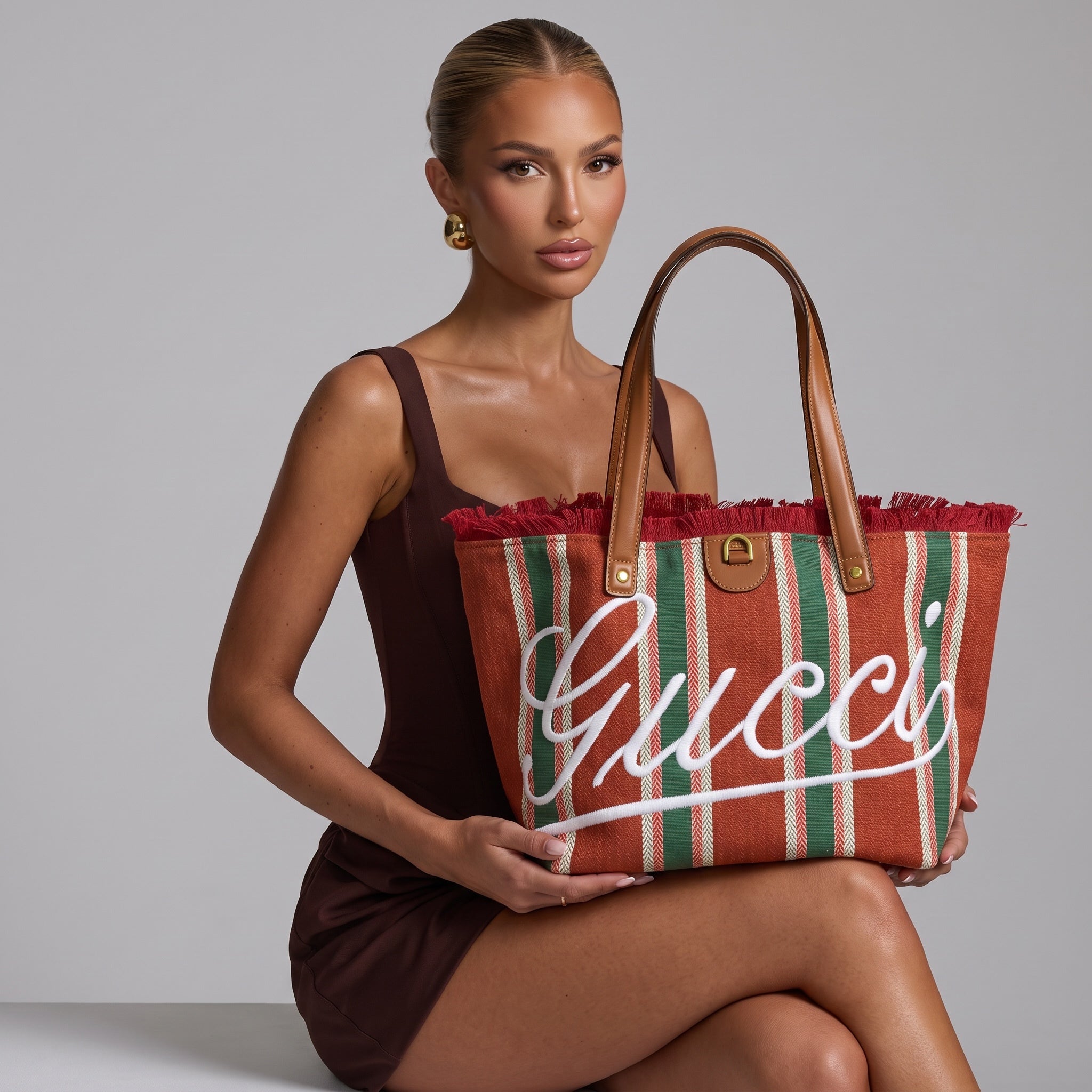 Gucci large orange and green striped tote bag with leather handles