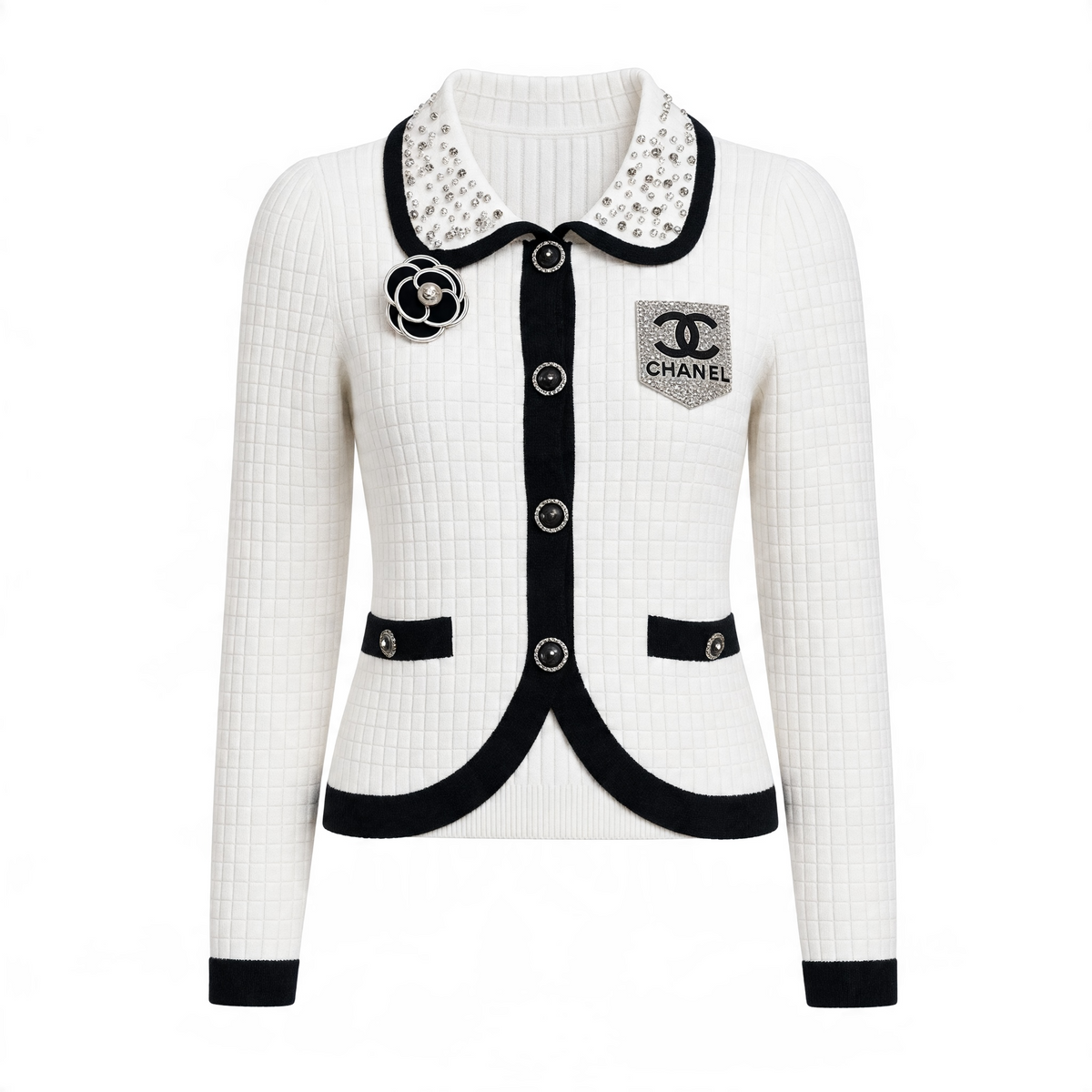 White Chanel cardigan jacket with black trim, jewel collar, camellia brooch and CC patch