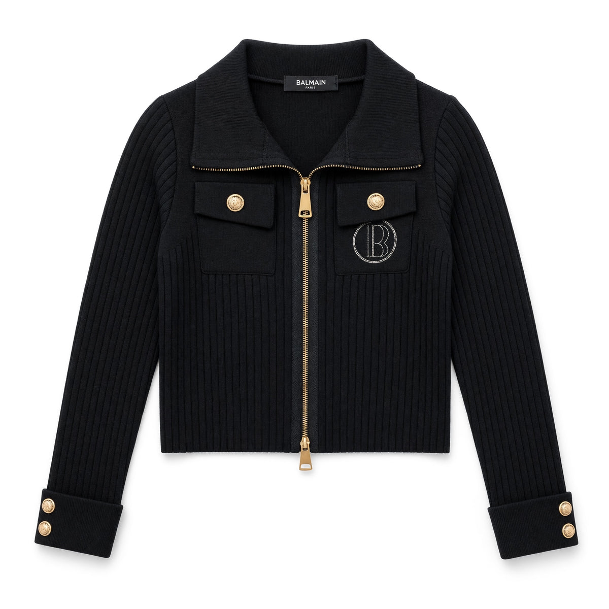 Black Balmain ribbed zip jacket with gold buttons and embroidered B logo