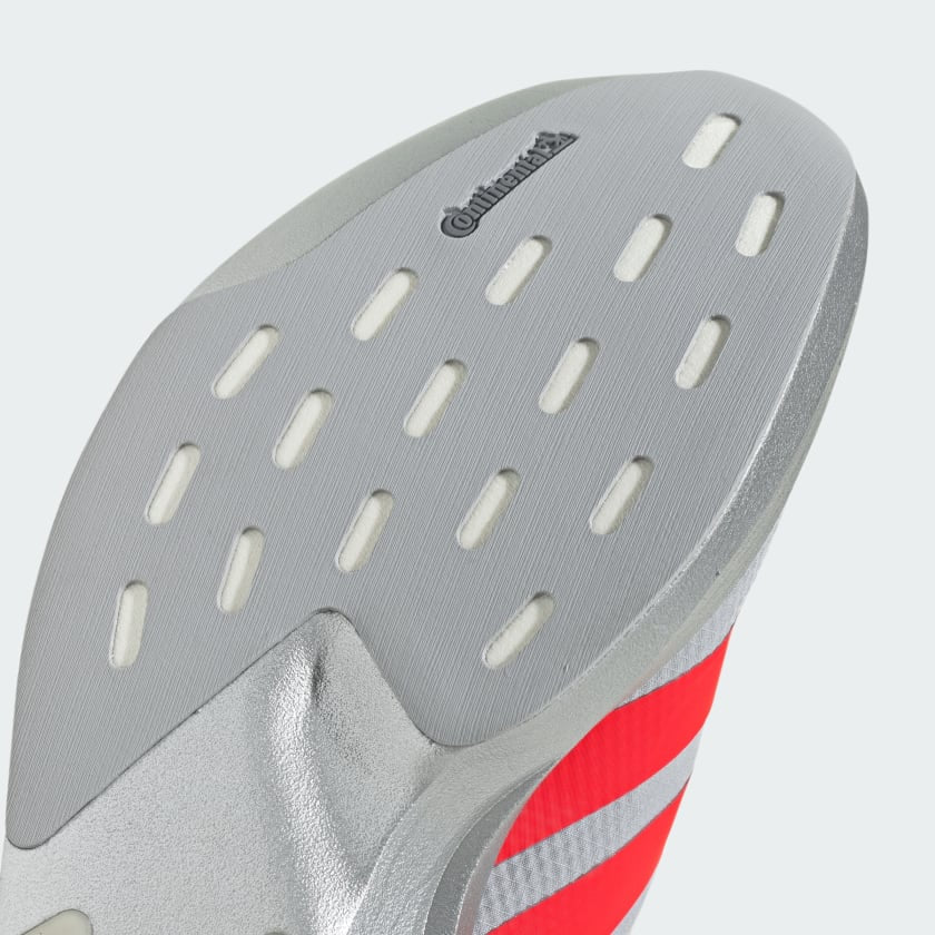 silver adidas adizero running shoe with solar red three stripes