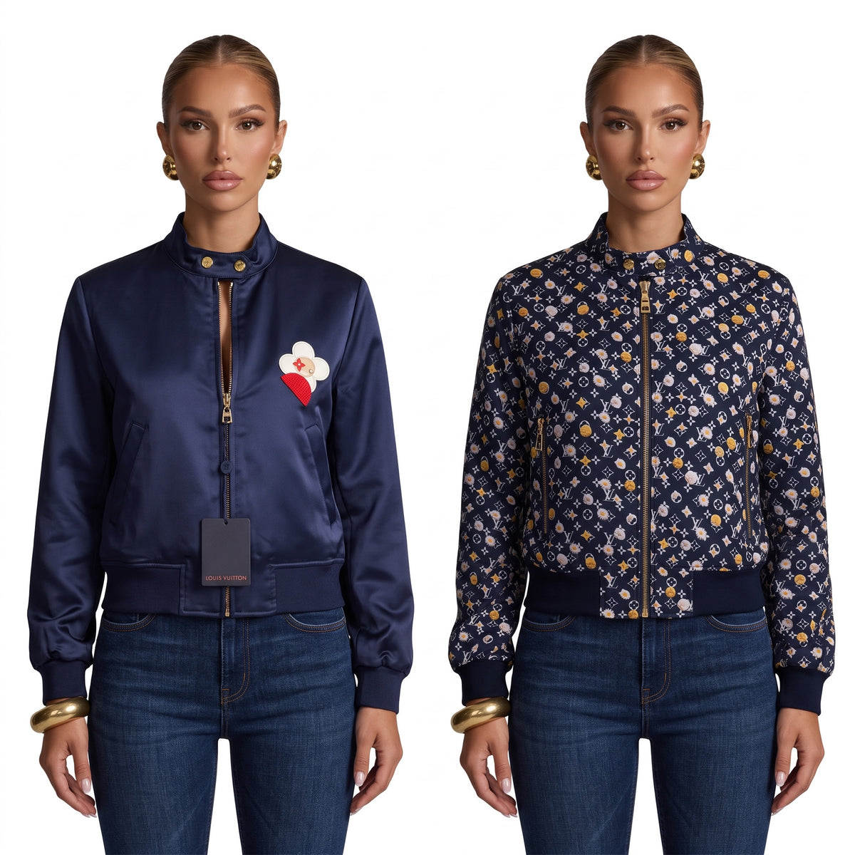 Louis Vuitton navy bomber jacket with floral monogram print and flower patch