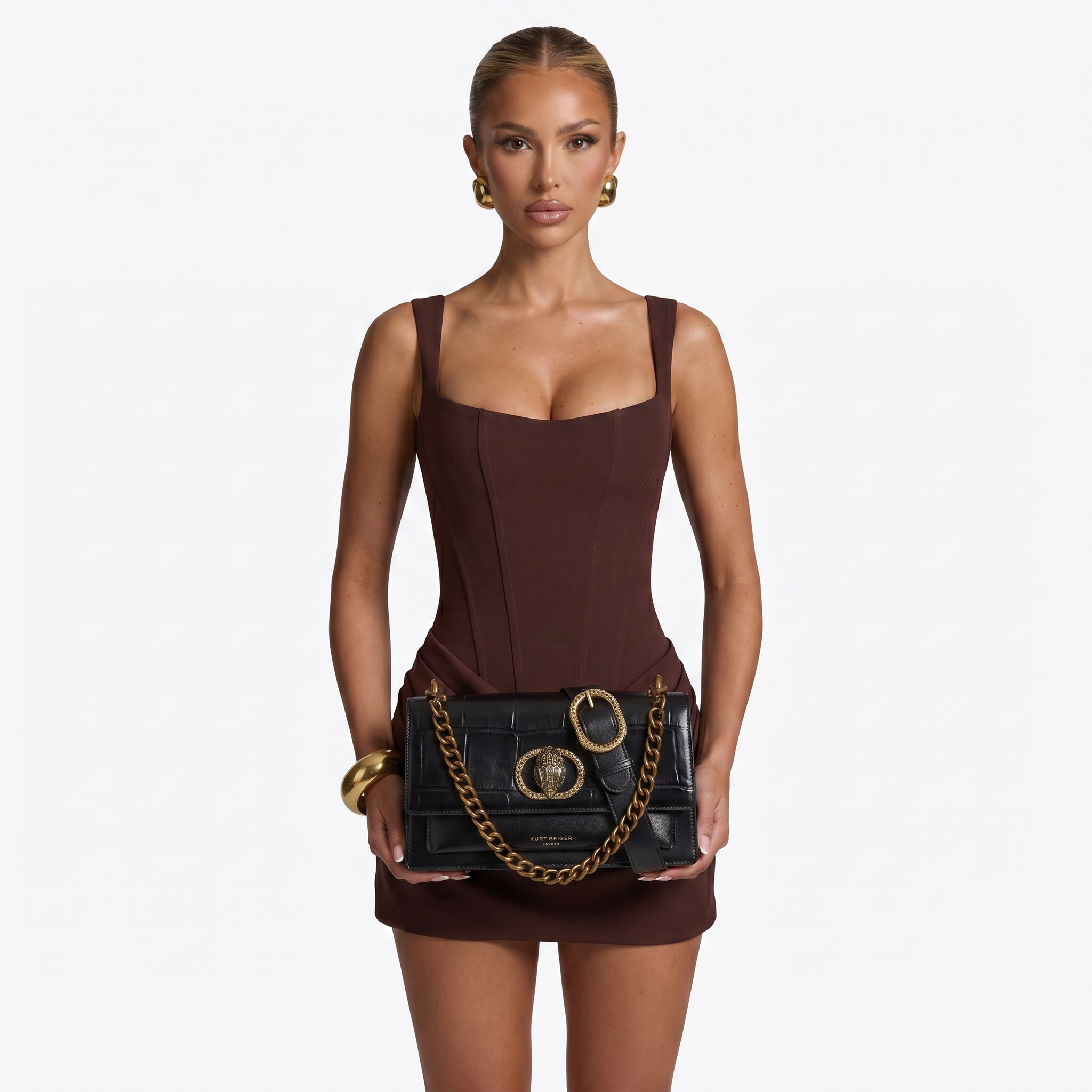 🖤 Kurt Geiger Croc-Embossed Chain Shoulder Bag – Black Luxury Edition ✨