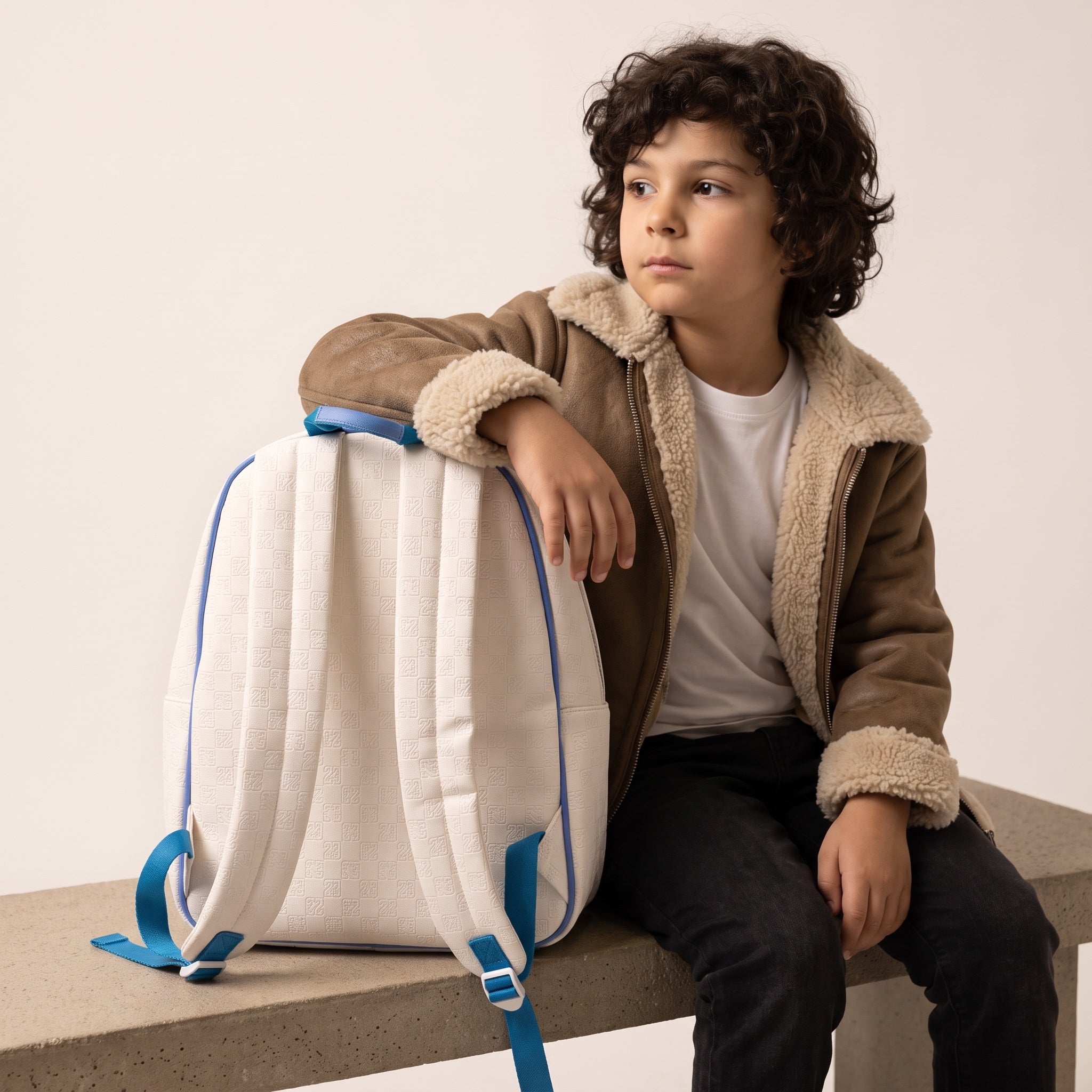 Cream Jordan backpack with embossed 23 pattern and blue trim