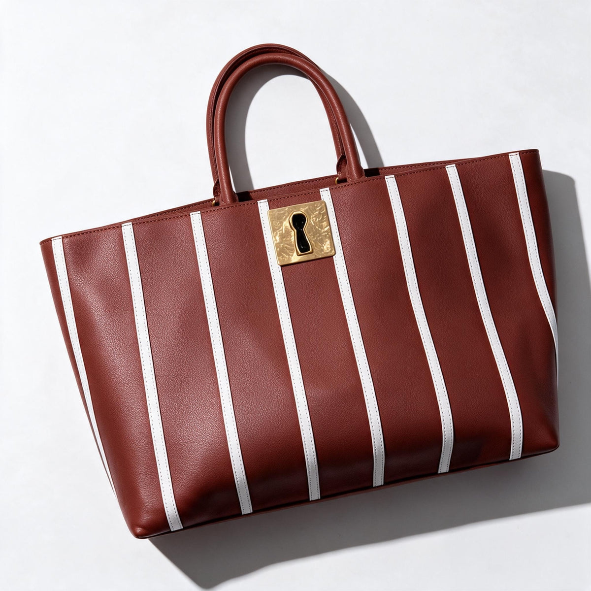 Brown Schiaparelli tote bag with white vertical stripes and gold keyhole plaque, shown with rolled top handles
