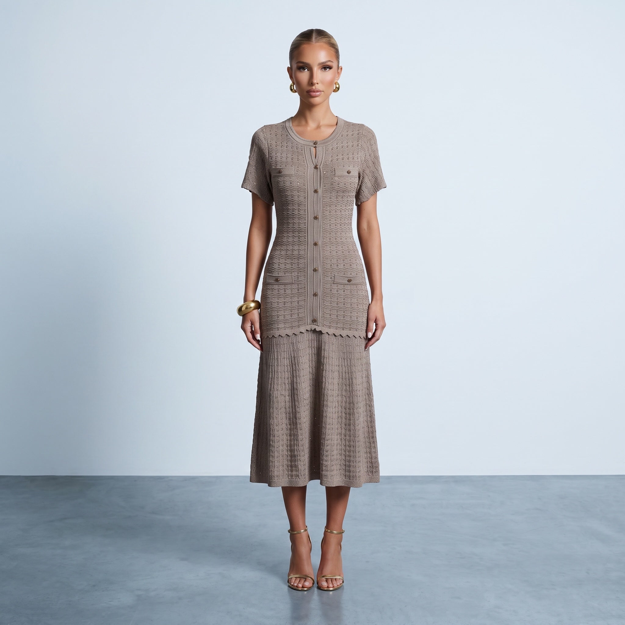 Taupe pointelle knit button-front midi dress with short sleeves and patch pockets