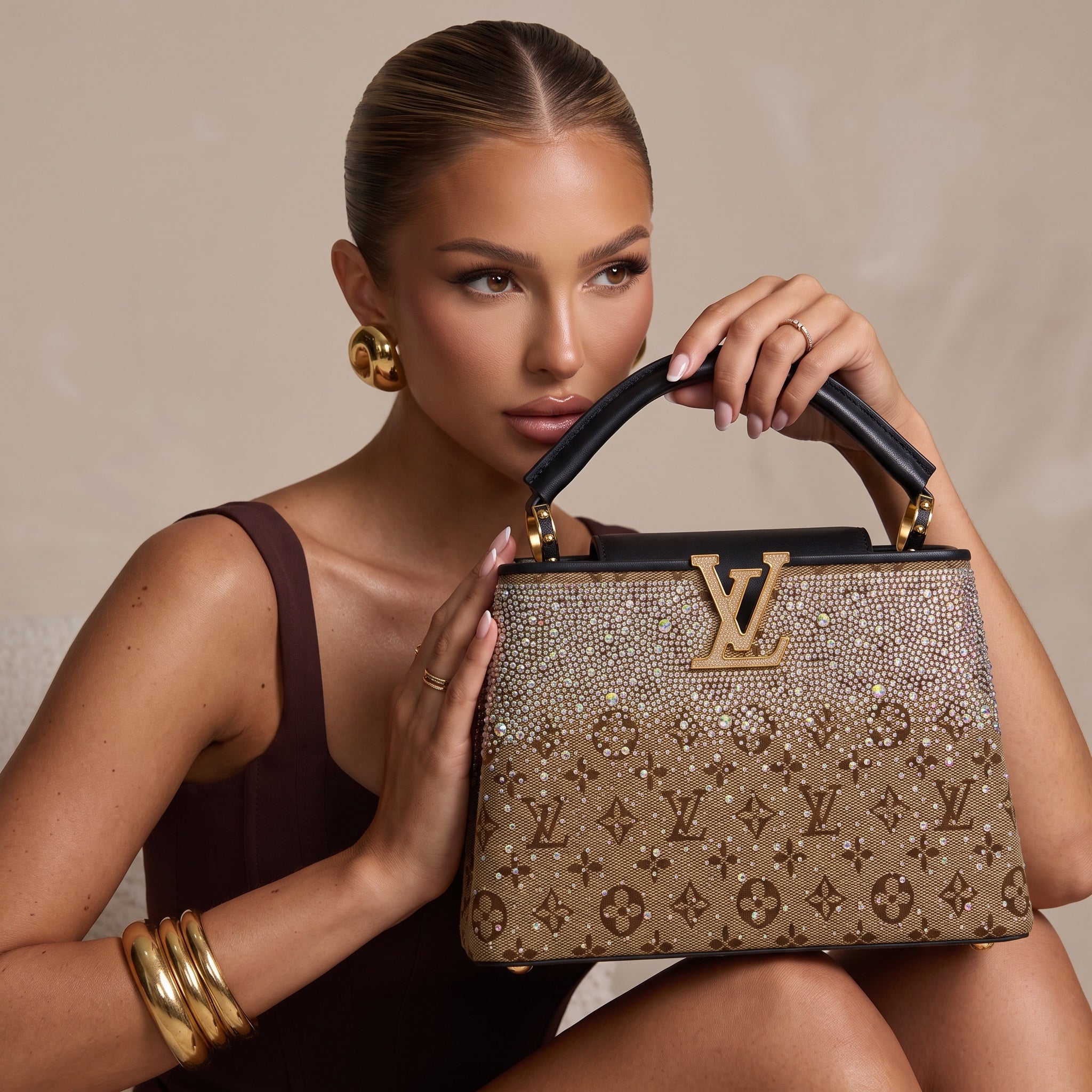 Louis Vuitton brown monogram top-handle bag covered in crystals with gold LV plaque