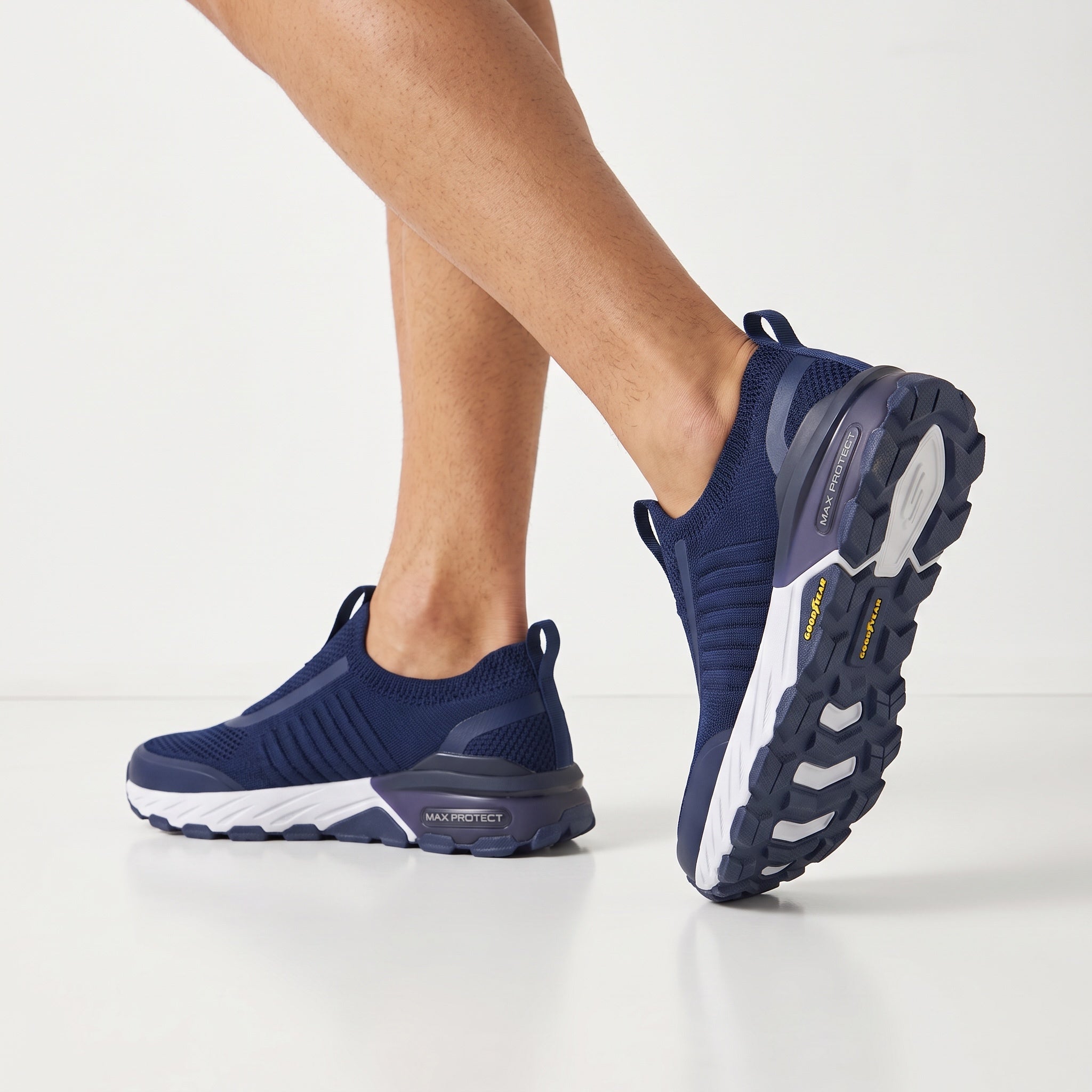navy skechers slip-on sneaker with knit upper and Goodyear outsole
