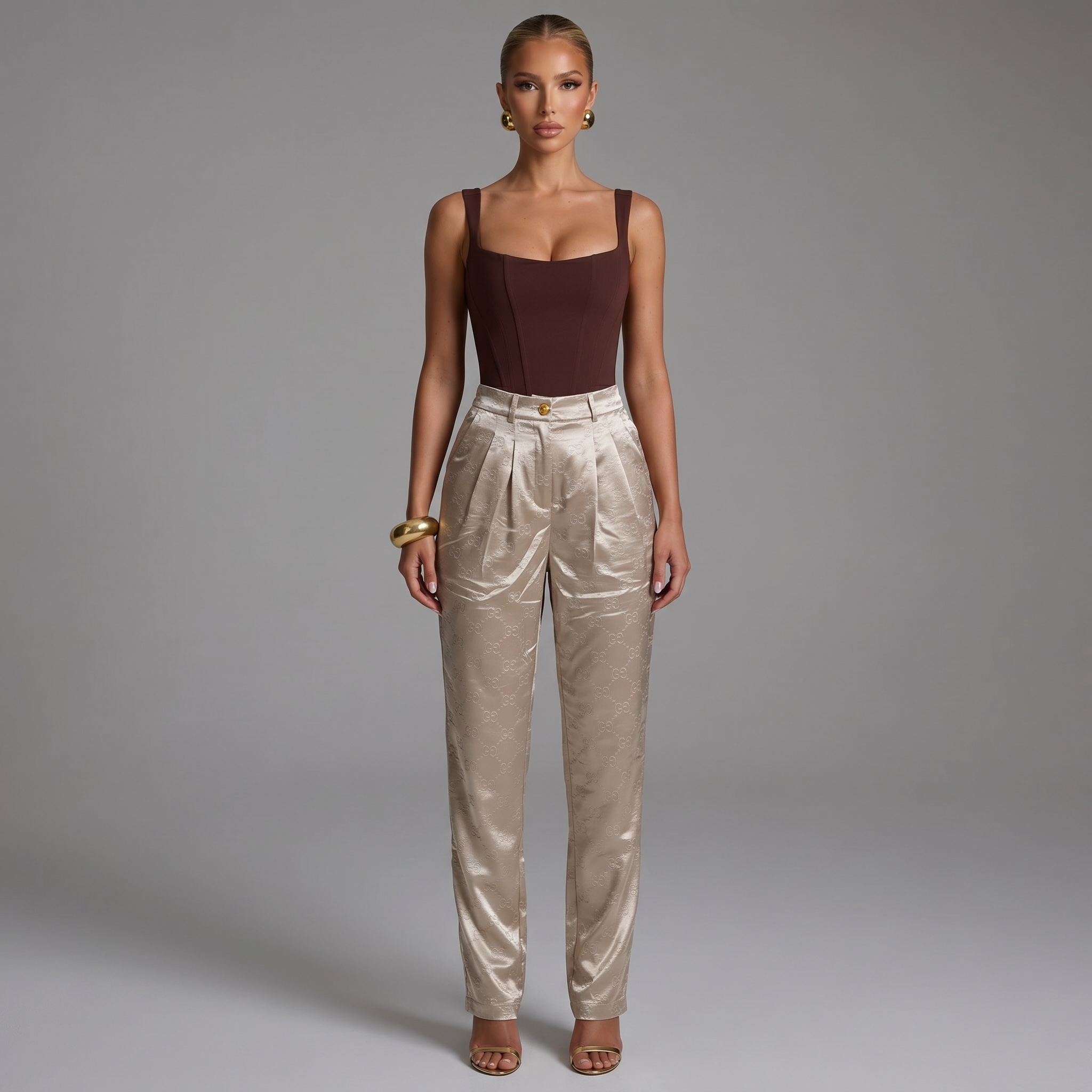 Gucci GG Monogram Satin Wide-Leg Trousers – Champagne Beige ✨🤍
