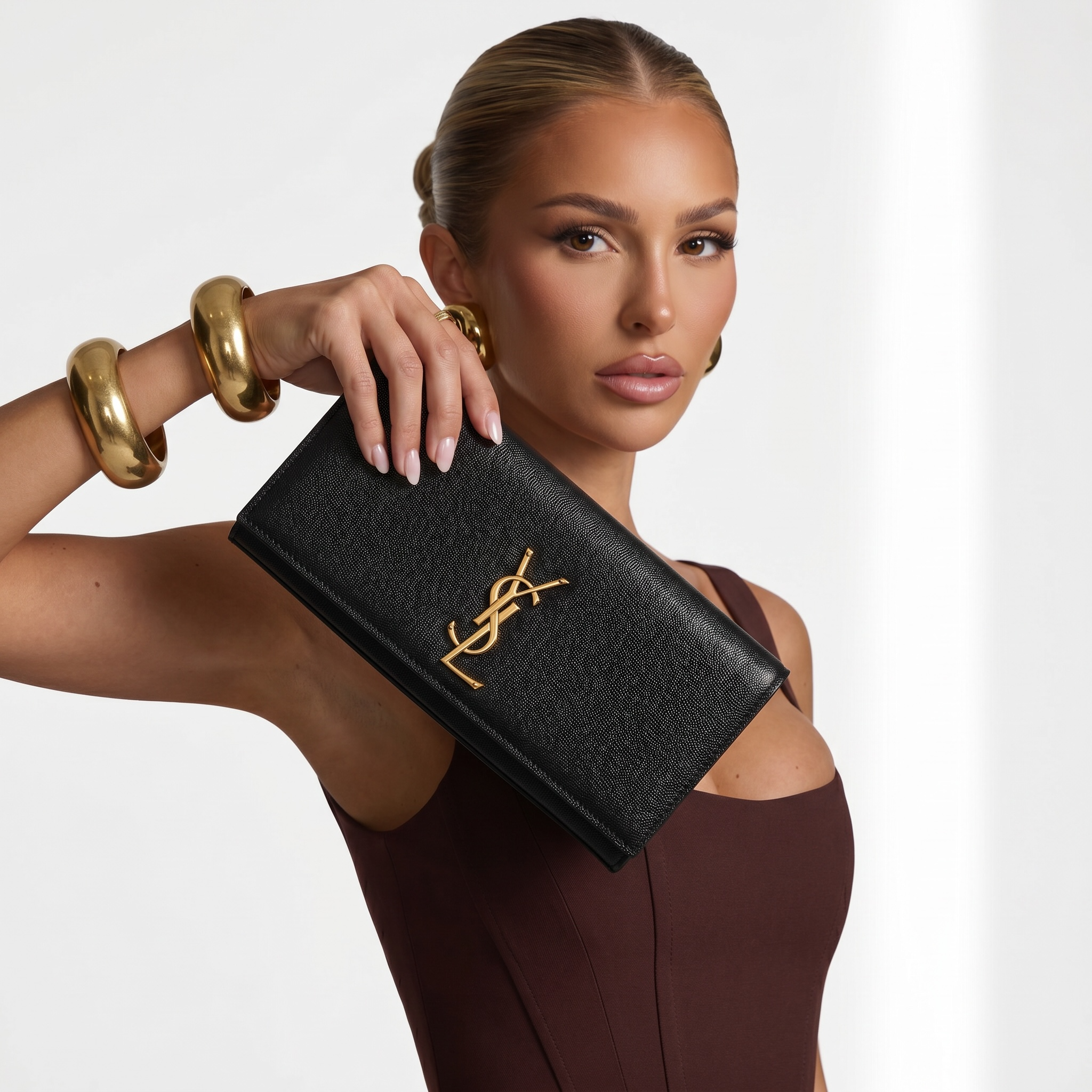 Saint Laurent Black Grain Leather YSL Clutch 🖤✨💛👛🔥