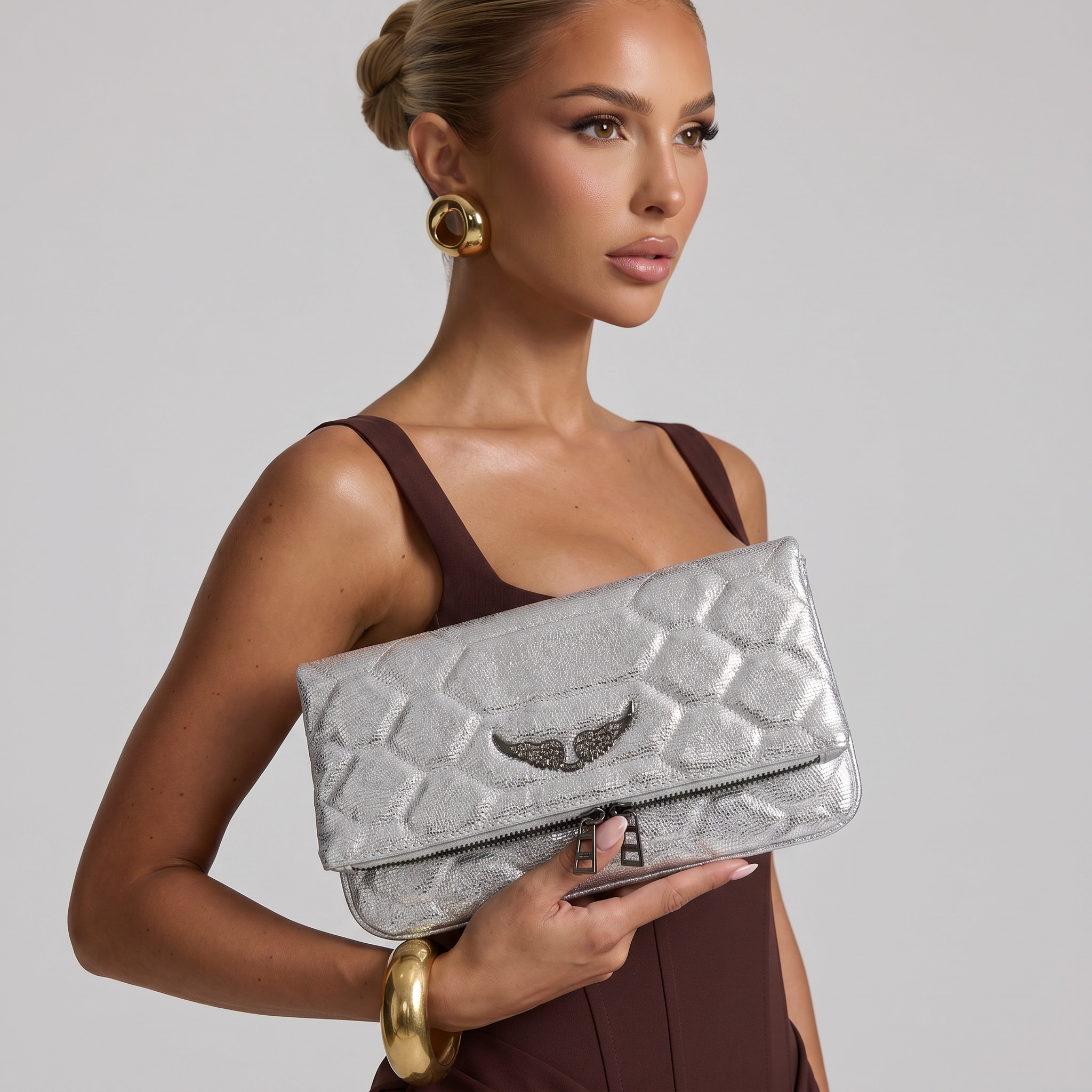 โจ Zadig & Voltaire Rocky Metallic Quilted Foldover Clutch Bag โจ๐ค