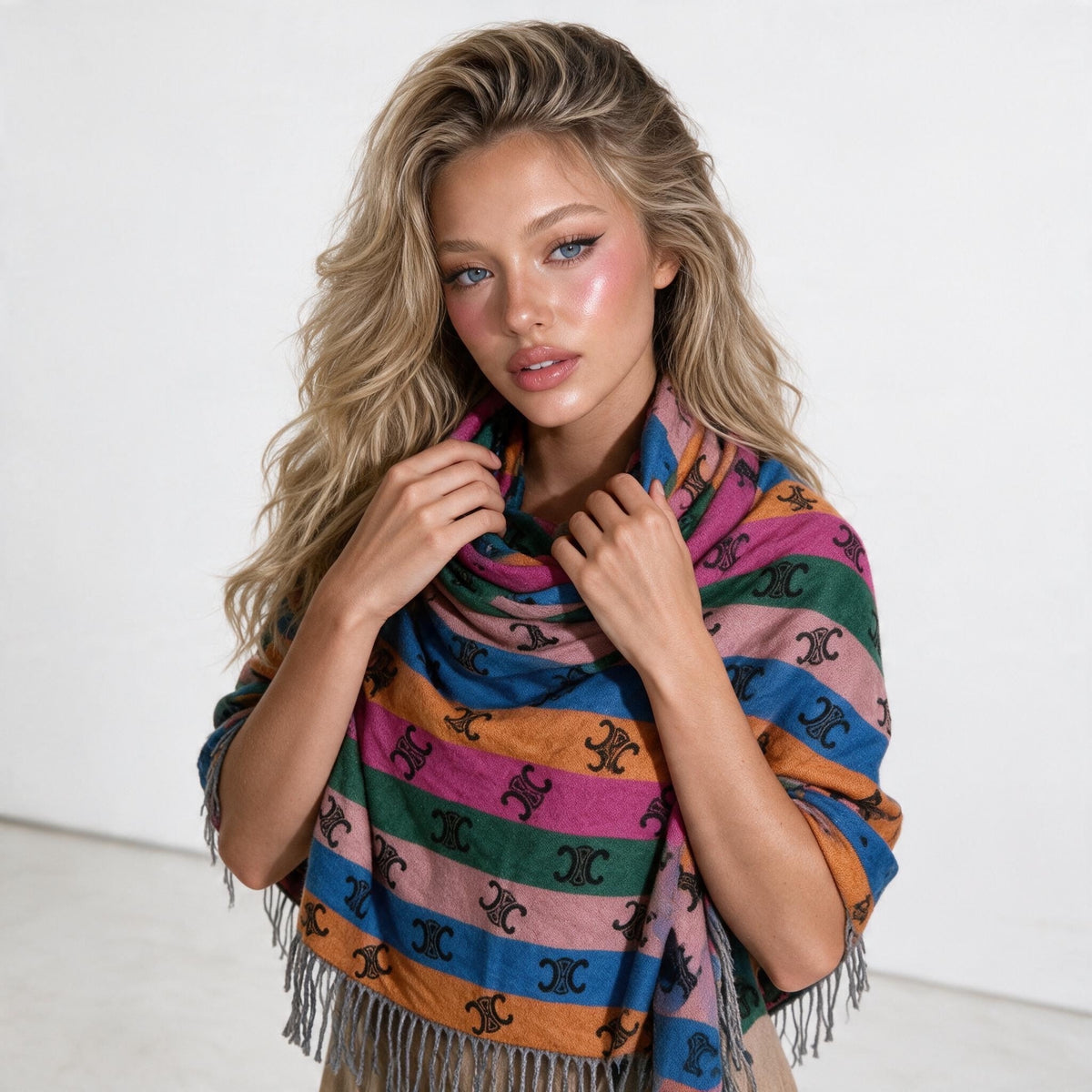 Black Celine-style scarf with multicolour horizontal stripes and logo motif, fringed edges.