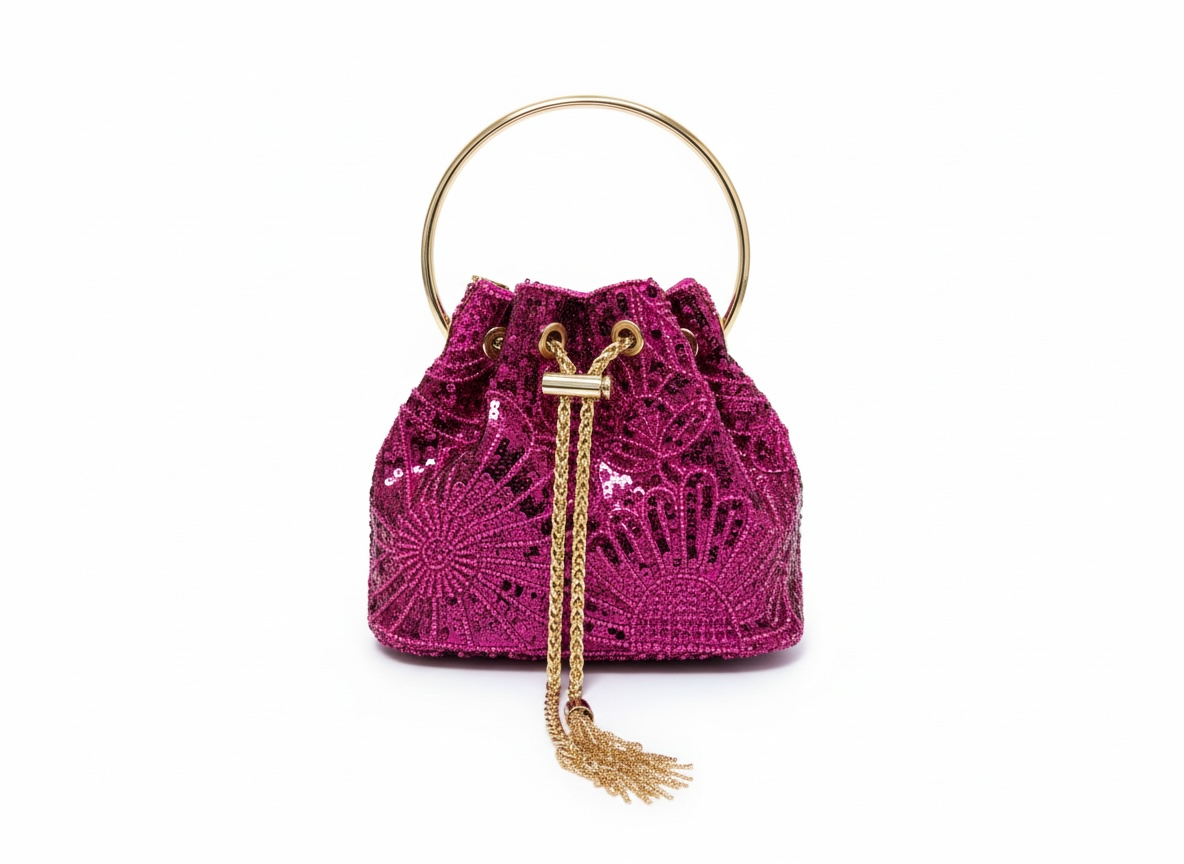 Luxury Fuchsia Beaded Bucket Bag 💖✨ | Gold Handle Statement Piece