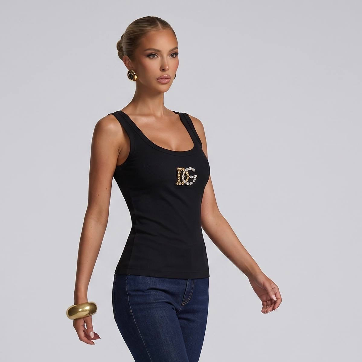 Dolce & Gabbana DG Embellished Ribbed Tank Top – Black 🖤✨