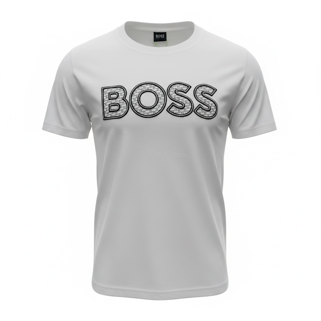 HUGO BOSS White Textured Logo T-Shirt 🤍🖤 Premium Statement Edition