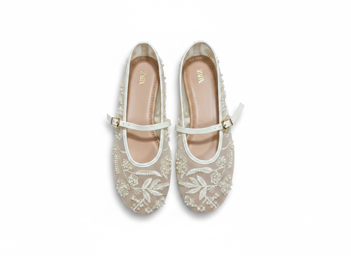Zara Pearl Embroidered Mesh Mary Jane Flats ✨🤍