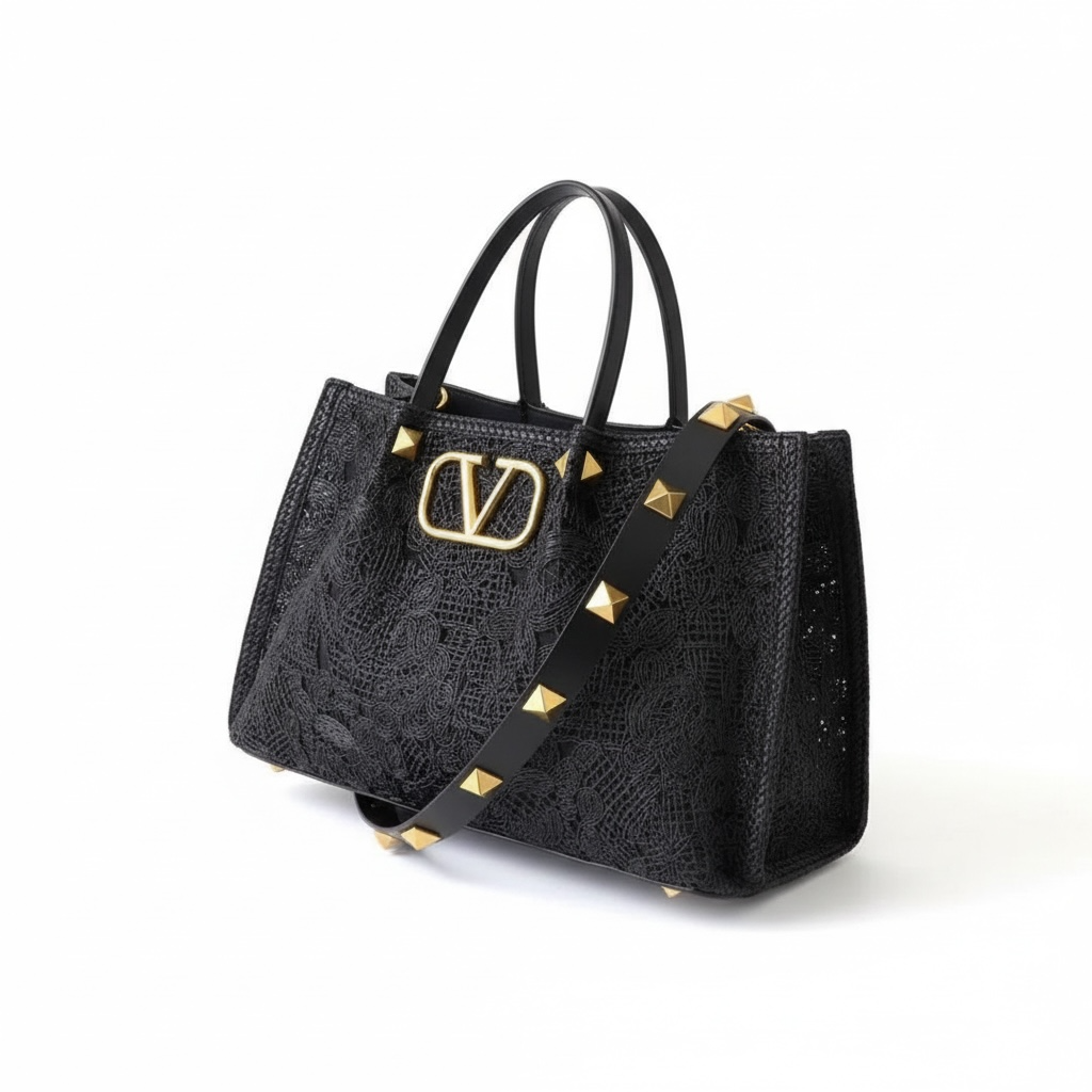 Valentino Garavani Black Lace Tote โ VLogo Rockstud Strap ๐คโจ