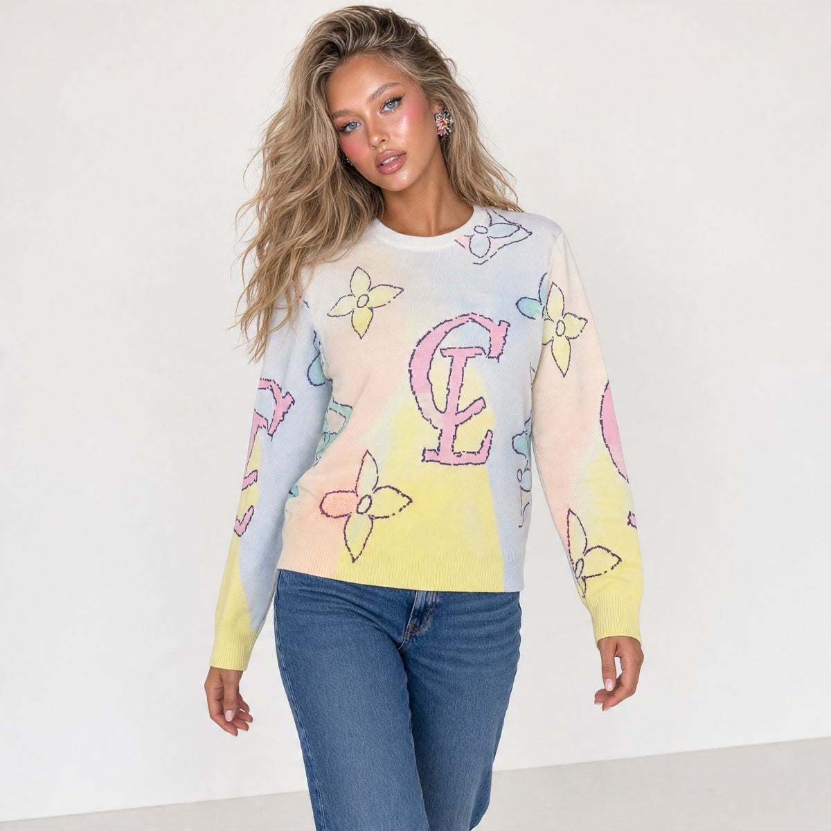 Pastel multicolor crewneck sweater with oversized monogram and floral motifs