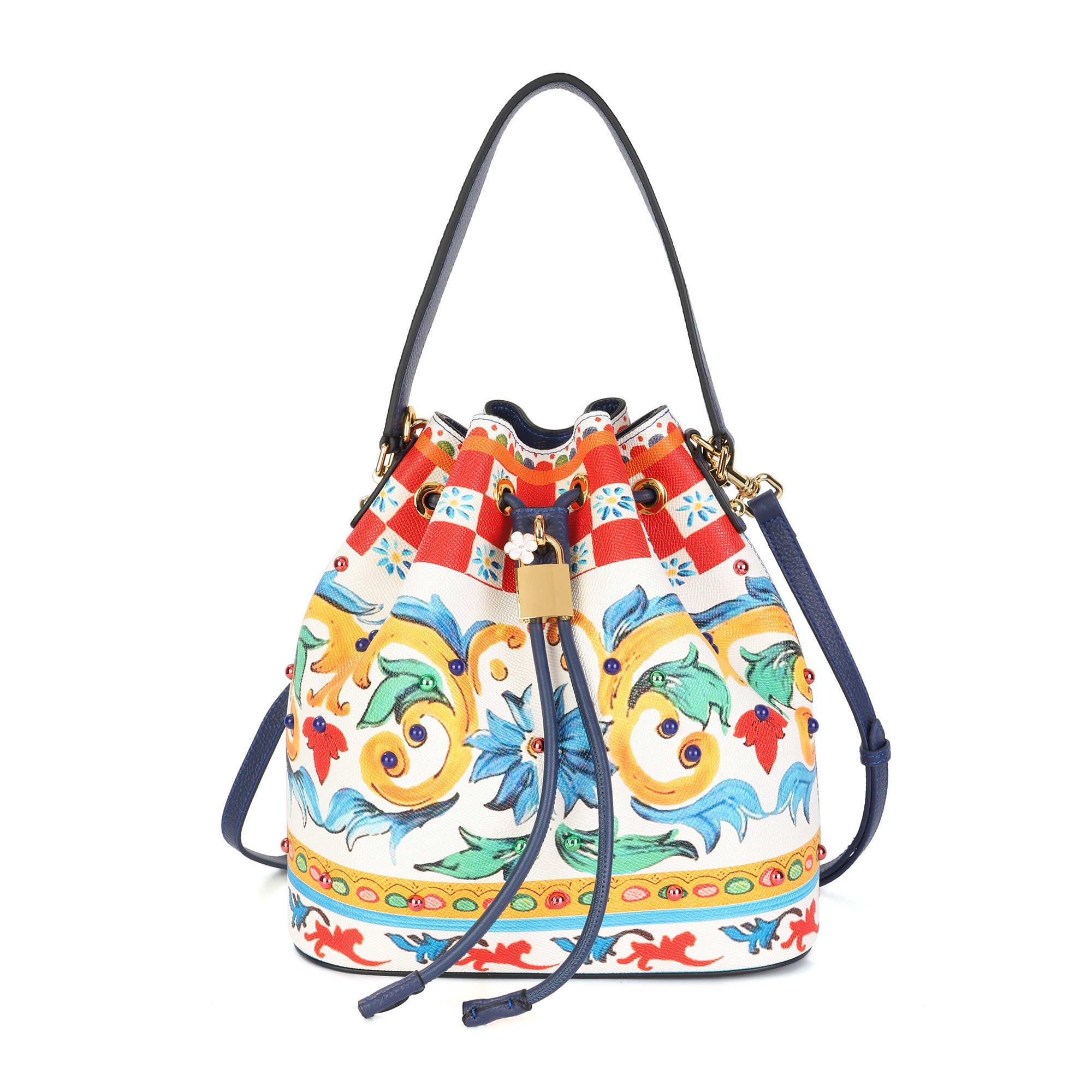 Dolce & Gabbana colorful baroque drawstring bucket bag with padlock charm
