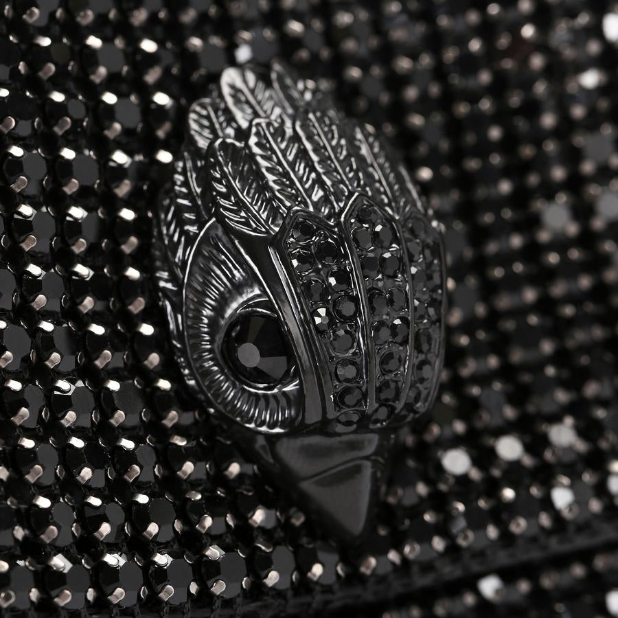 black crystal-embellished shoulder bag with chunky chain and bird-head clasp