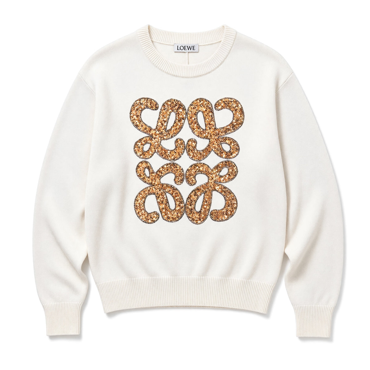 Cream Loewe crewneck sweater with gold sequin anagram on front