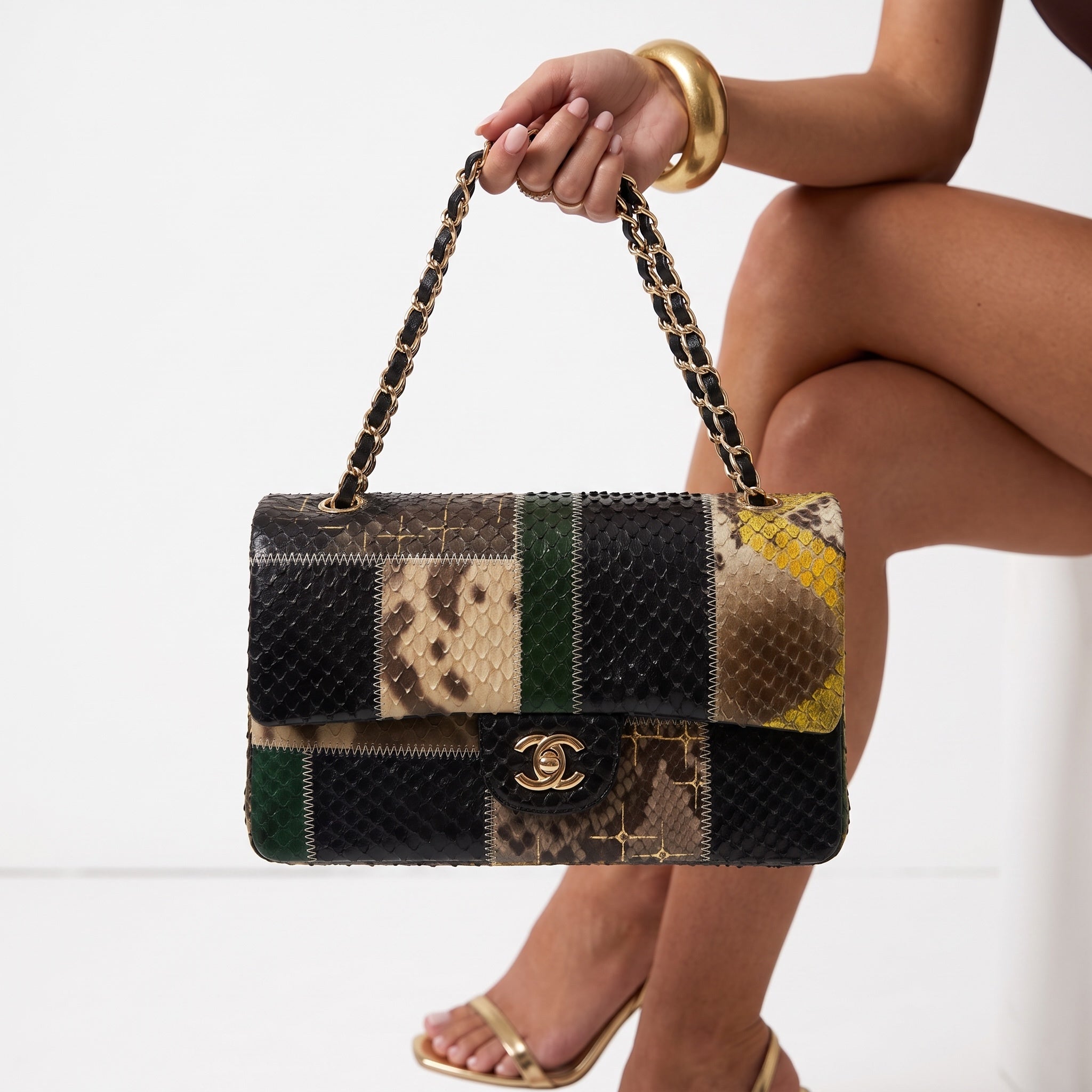 Chanel patchwork snakeskin classic flap bag with gold chain strap and CC turn-lock