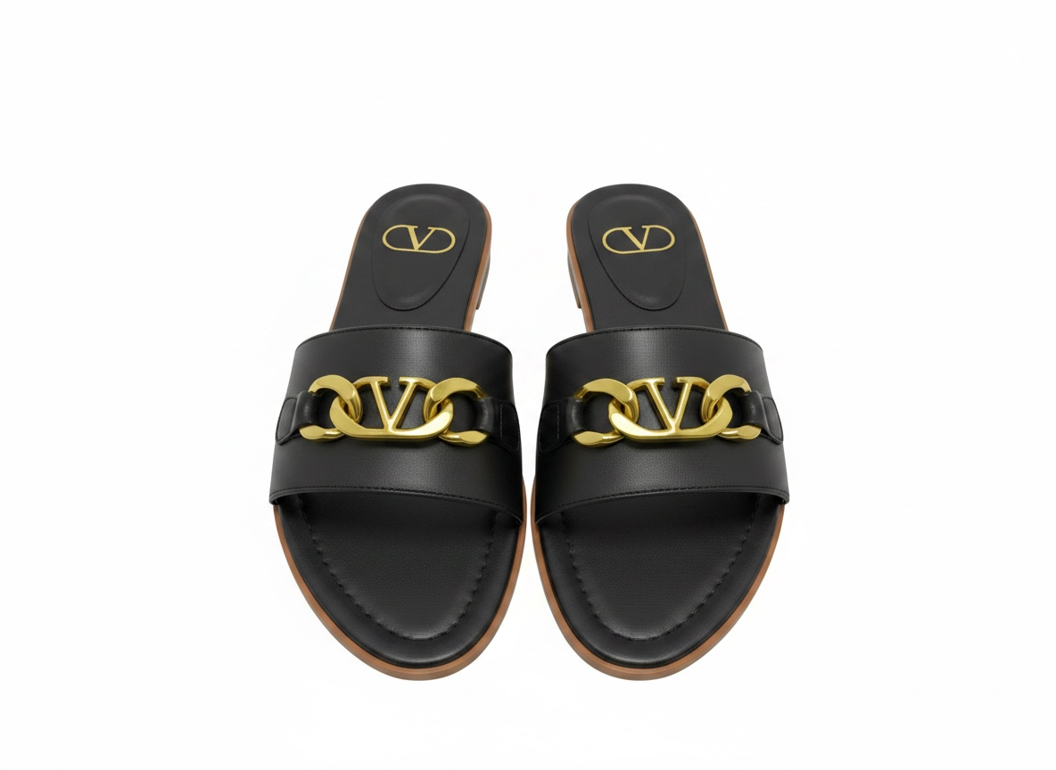 Valentino VLogo Black Slide Sandals 🖤✨ Gold Chain Edition