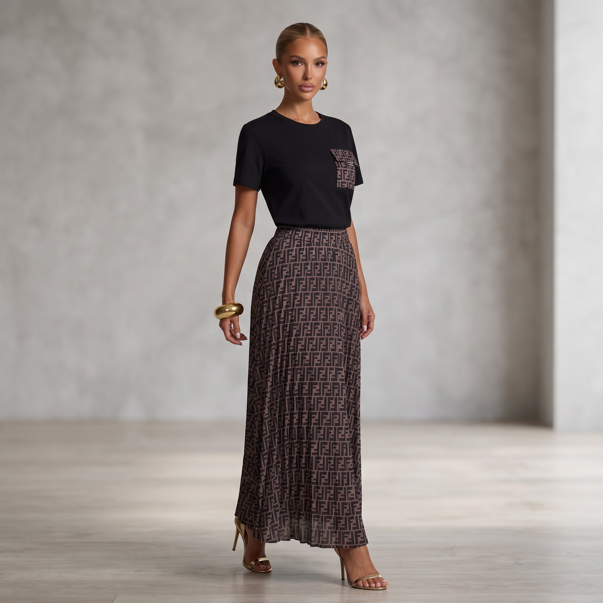 🖤🤎 Fendi FF Monogram T-Shirt & Maxi Skirt Set |