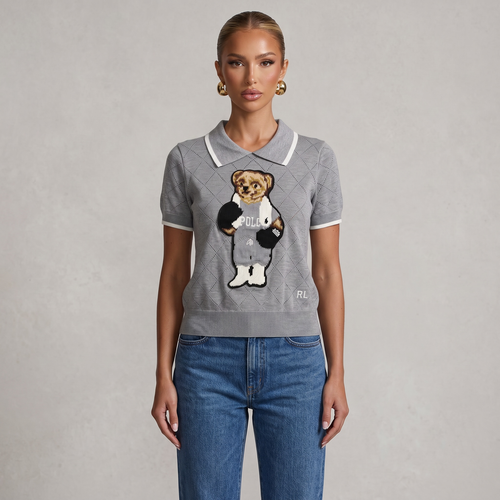 🧸 Polo Ralph Lauren Bear Knit Polo Sweater – Heather Grey Edition