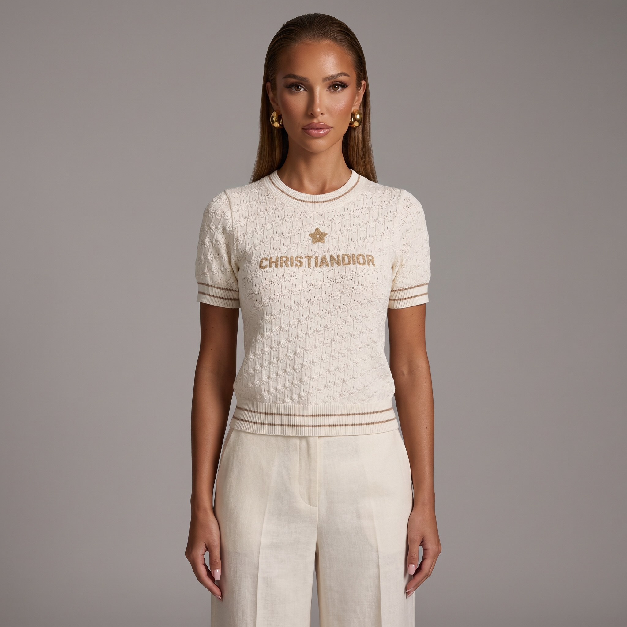 🤍 Christian Dior Textured Knit Short Sleeve Sweater – Ivory ( one size )