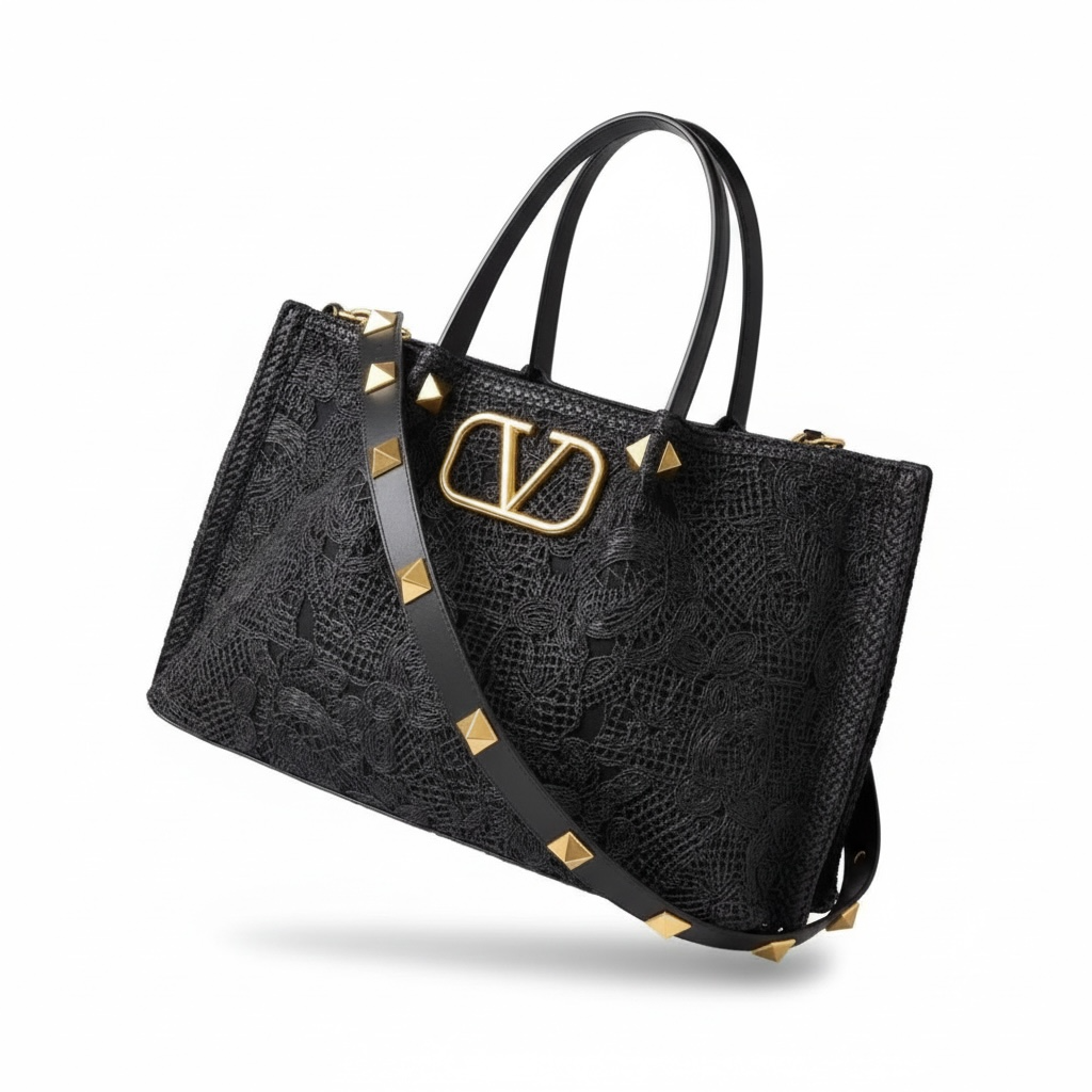 Valentino Garavani Black Lace Tote โ VLogo Rockstud Strap ๐คโจ